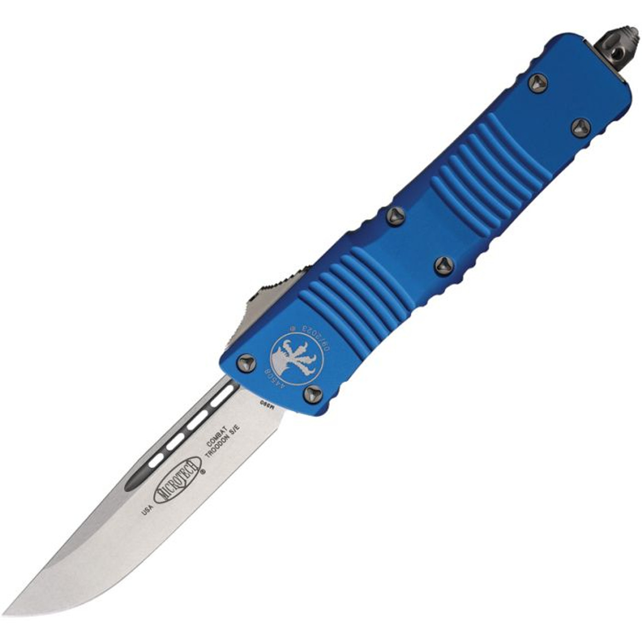 Microtech Combat Troodon S/E OTF (MCT14310BL) 3.88" Bohler M390 Stonewashed Drop Point Plain Blade, Blue Anodized Aluminum Handle