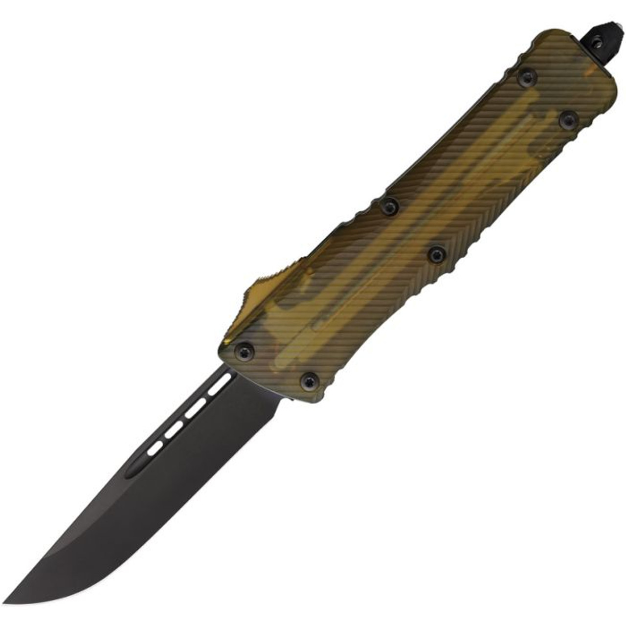 Microtech Combat Troodon S/E OTF (MCT1431DLCTU) 3.88" CPM-Magnacut Black DLC Coated Drop Point Plain Blade, Ultem with a Black Aluminum Back Handle