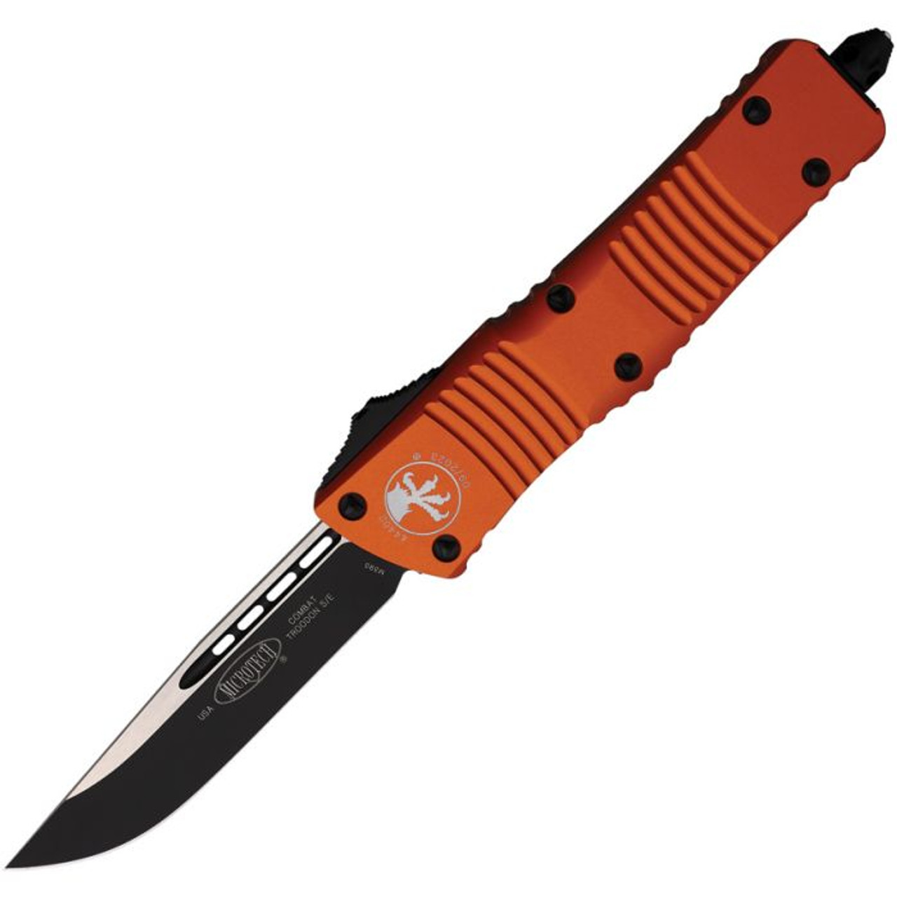 Microtech Combat Troodon S/E OTF (MCT1431OR) 3.88" Bohler M390 Two-Toned Black and Satin Drop Point Plain Blade, Orange Anodized Aluminum