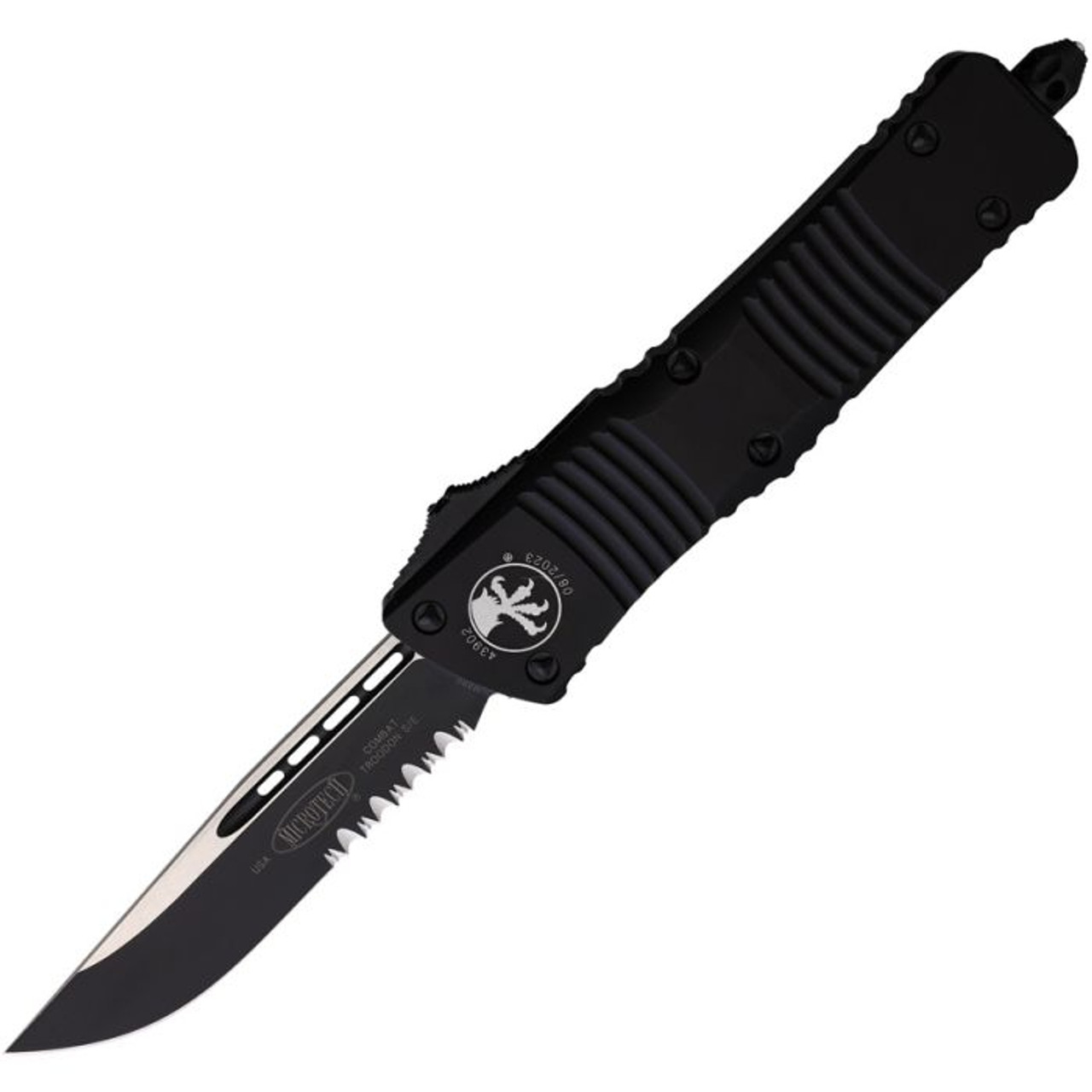 Microtech Combat Troodon S/E OTF (MCT1432T) 3.88" Bohler M390 Two-Toned Black Cerakote and Satin Drop Partially Serrated Blade, Black Anodized Aluminum