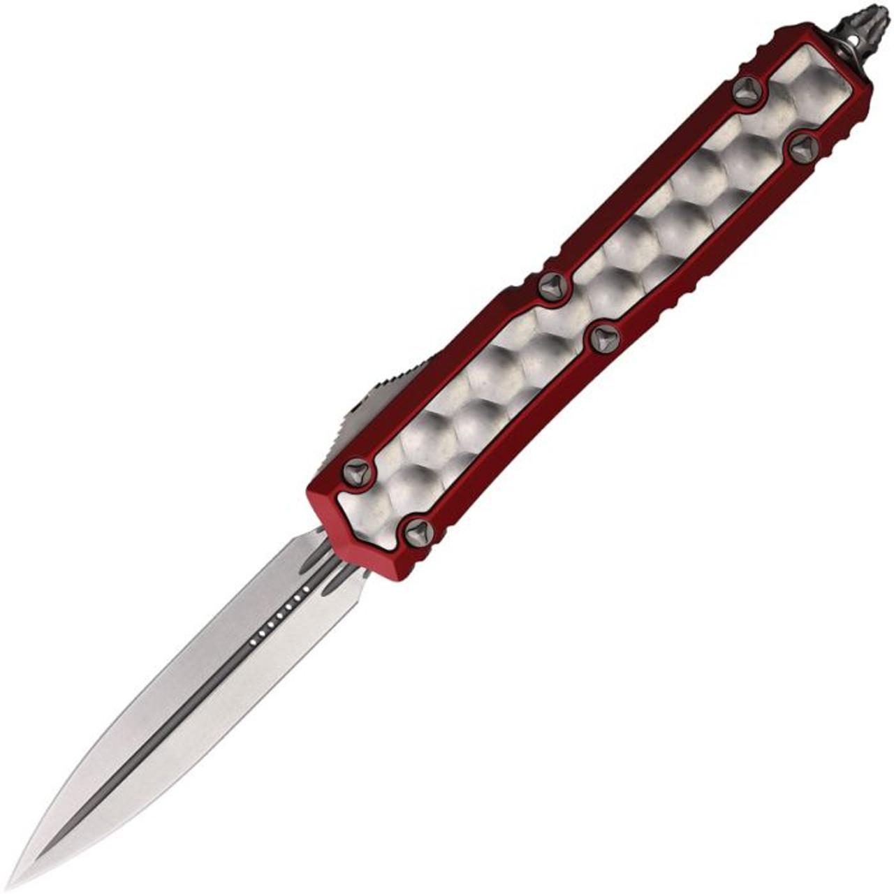 Microtech Makora D/E (MCT20610RDBI) 3.38" Premium Steel Stonewashed Double Edge Dagger Plain Blade, Red Anodized Aluminum Handle with Stonewash Finished Bubble Aluminum Insert