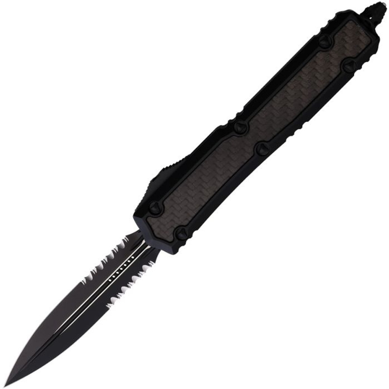 Microtech Makora D/E (MCT2062TCFIS) 3.38" Premium Steel Black Cerakote Double Edge Dagger Partially Serrated Blade, Black Anodized Aluminum Handle with Carbon Fiber Insert