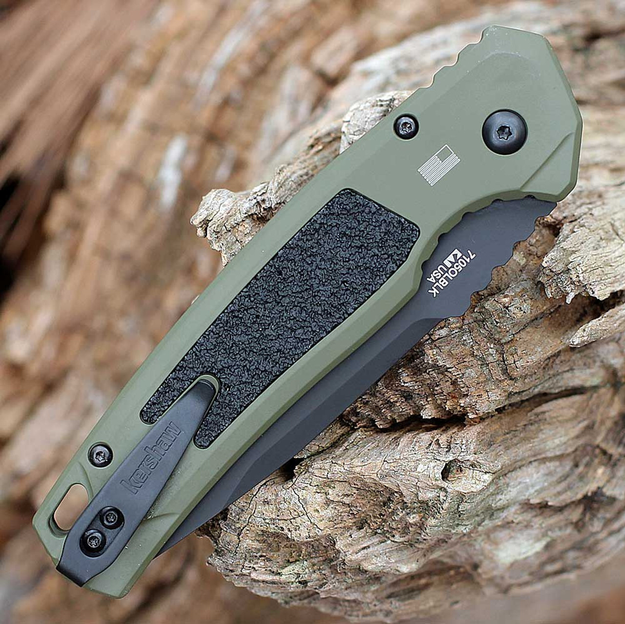 Kershaw Launch 16 Automatic (7105OLBLK) 3.45" CPM-M4 Black Cerakote Coated Tanto Plain Blade, Olive Cerakote Aluminum Handle with Black Trac-Tec Inserts