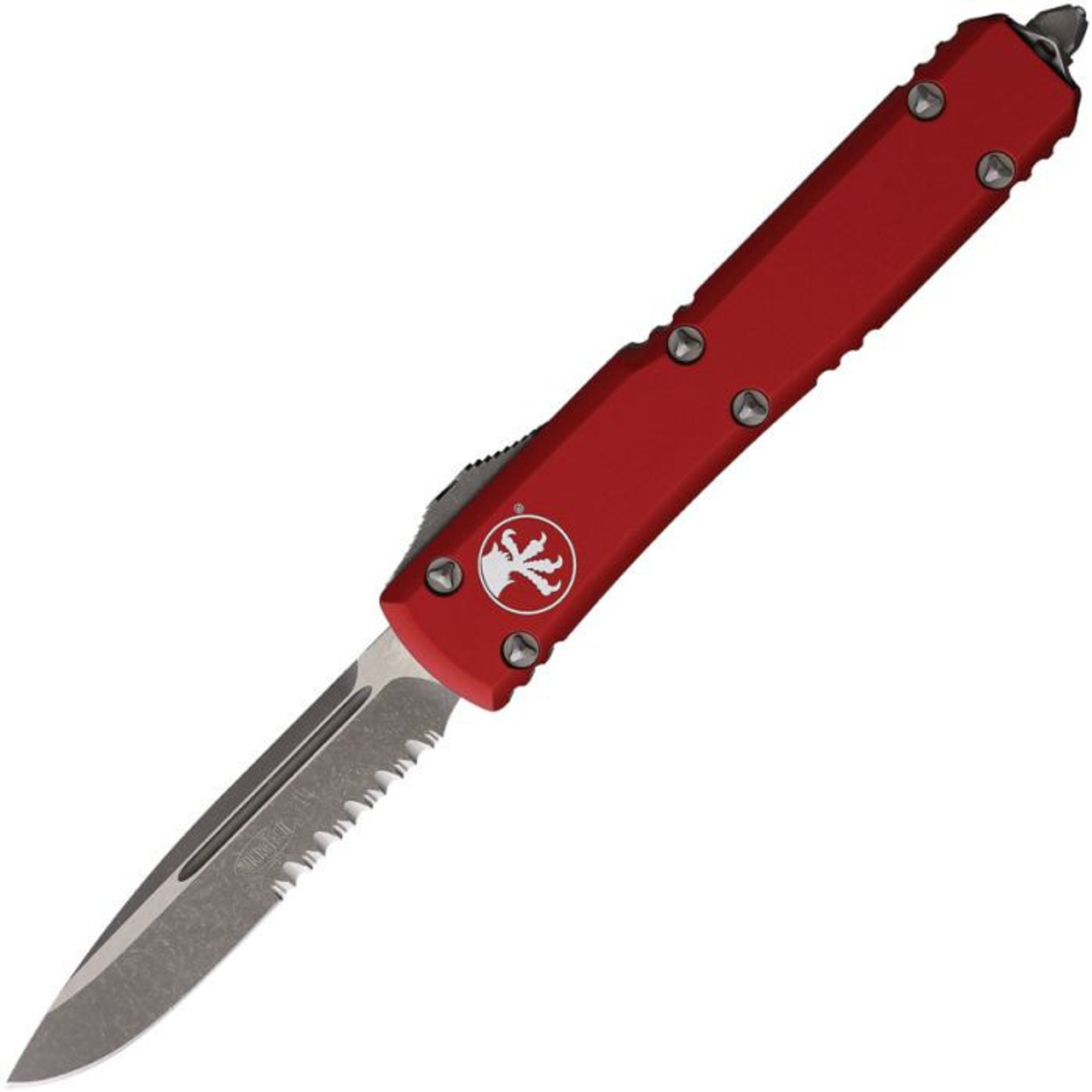 Microtech Ultratech S/E (MCT12111APRD) 3.5" Bohler M390 Apocalyptic Finished Drop Point Partially Serrated Blade, Red Anodized Aluminum Handle
