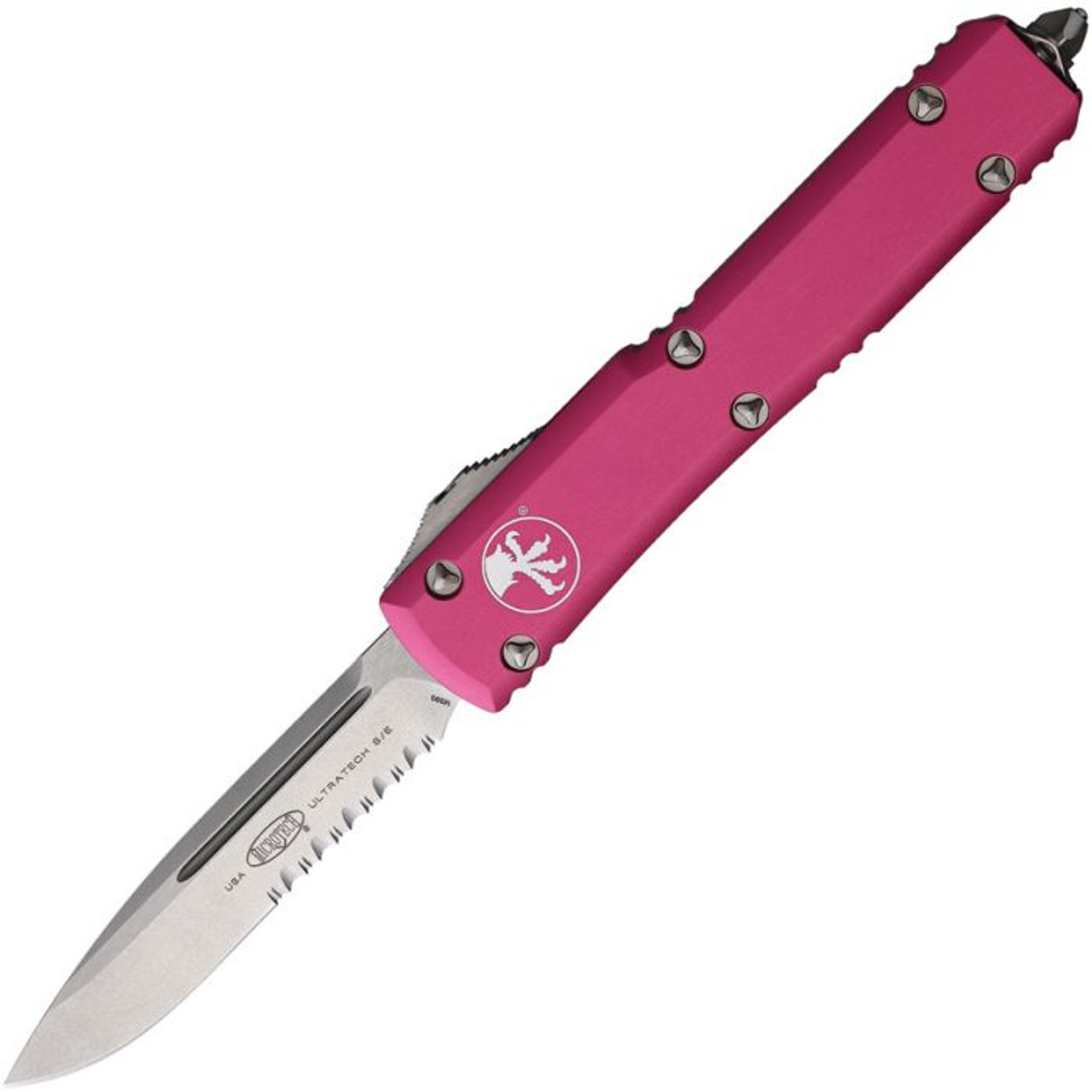 Microtech Ultratech S/E (MCT12111PK) 3.5" Bohler M390 Stonewashed Drop Point Partially Serrated Blade, Pink Anodized Aluminum Handle