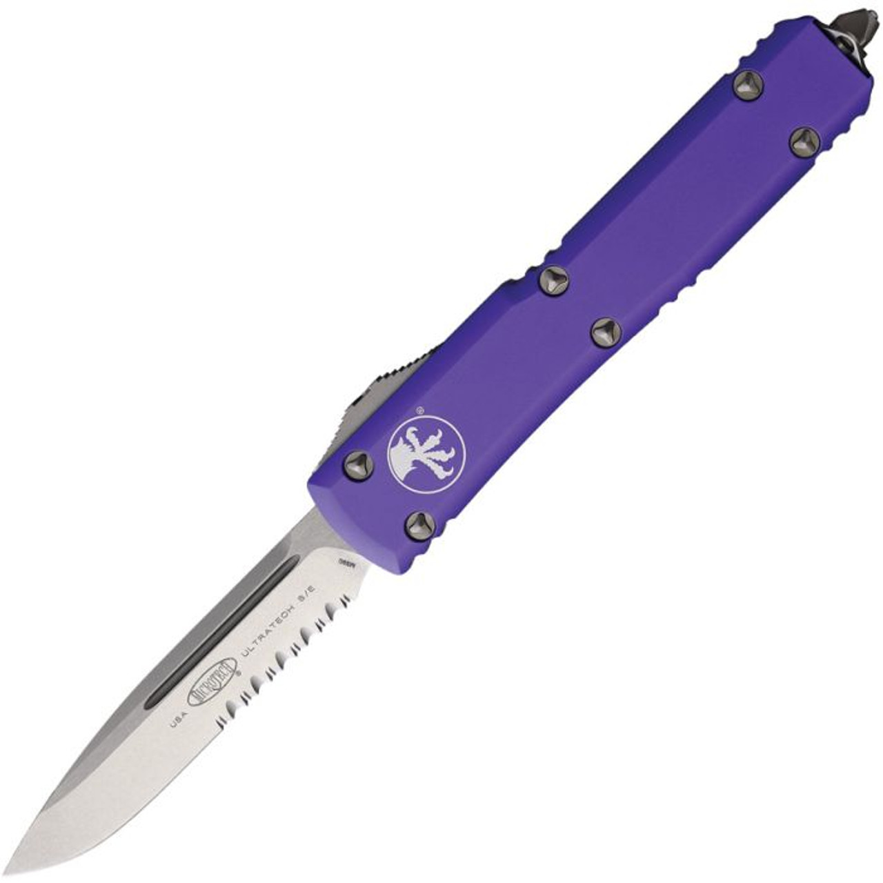 Microtech Ultratech S/E (MCT12111PU) 3.5" Bohler M390 Stonewashed Drop Point Partially Serrated Blade, Purple Anodized Aluminum Handle
