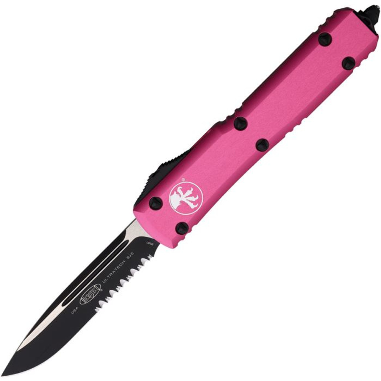 Microtech Ultratech S/E (MCT1212PK) 3.5" Bohler M390 Satin and Black Cerakote Finished Drop Point Partially Serrated Blade, Pink Anodized Aluminum Handle