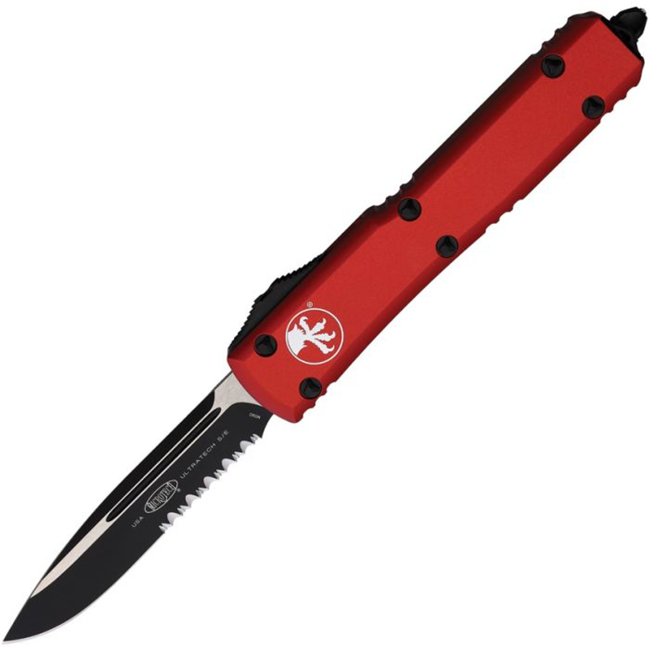 Microtech Ultratech S/E (MCT1212RD) 3.5" Bohler M390 Satin and Black Cerakote Finished Drop Point Partially Serrated Blade, Red Anodized Aluminum Handle