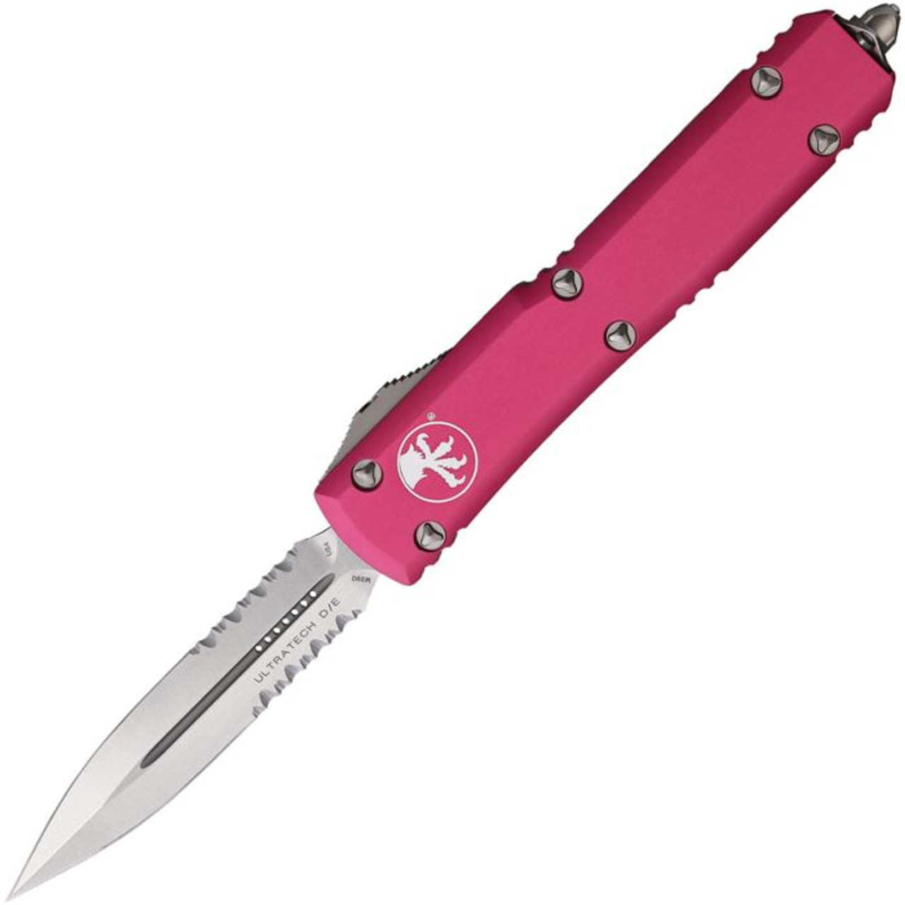 Microtech Ultratech D/E (MCT12211PK) 3.5" Bohler M390 Stonewashed Double Edged Dagger Partially Serrated Blade, Pink Anodized Aluminum