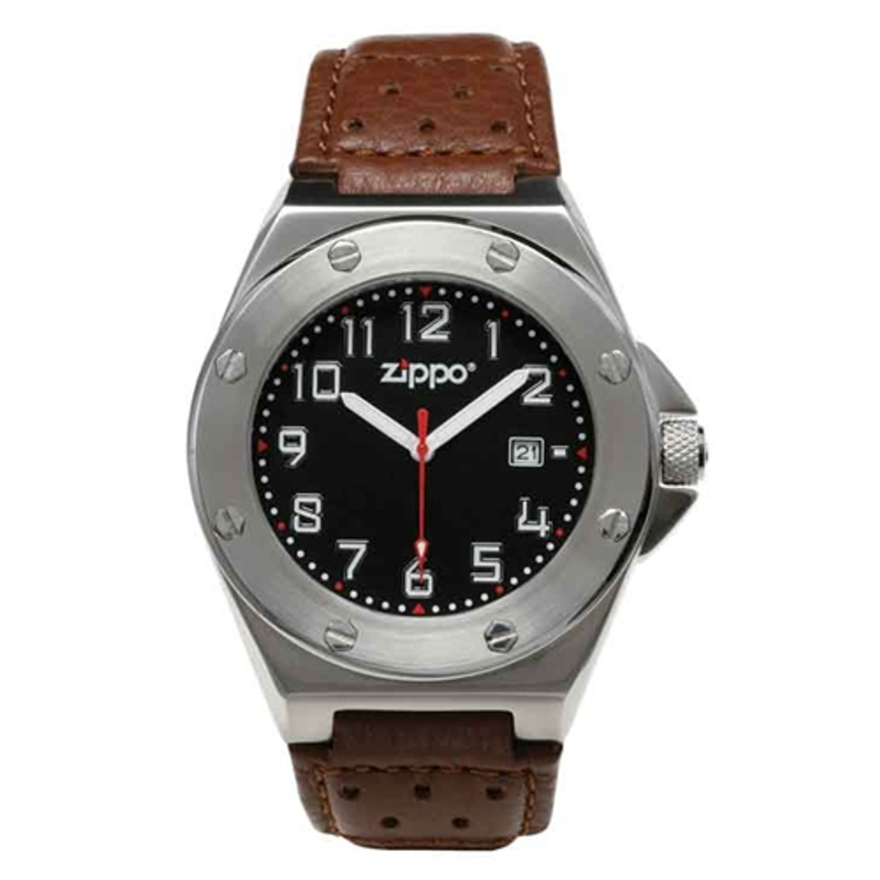 Zippo Sport Watch-Black Face-Brown Leather Band 45009