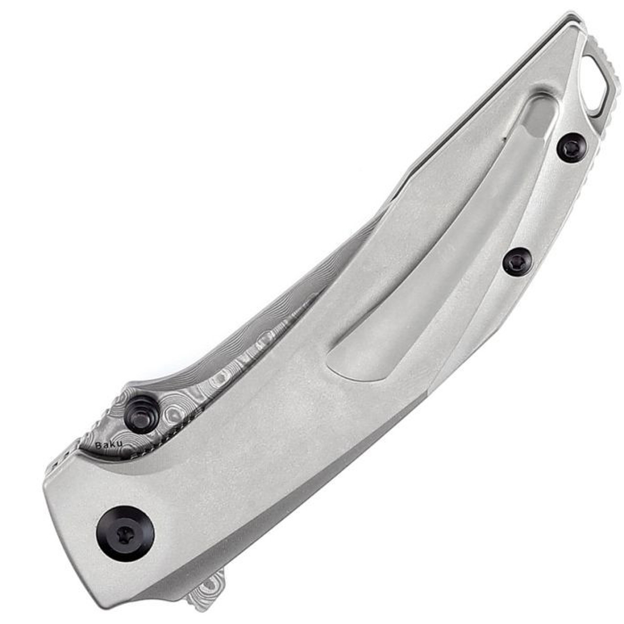 Kansept Knives Baku (K1056A4) 3.2" Damascus Clip Point Plain Blade, Gray Titanium Handle with Black and Blue G-10 Inlay