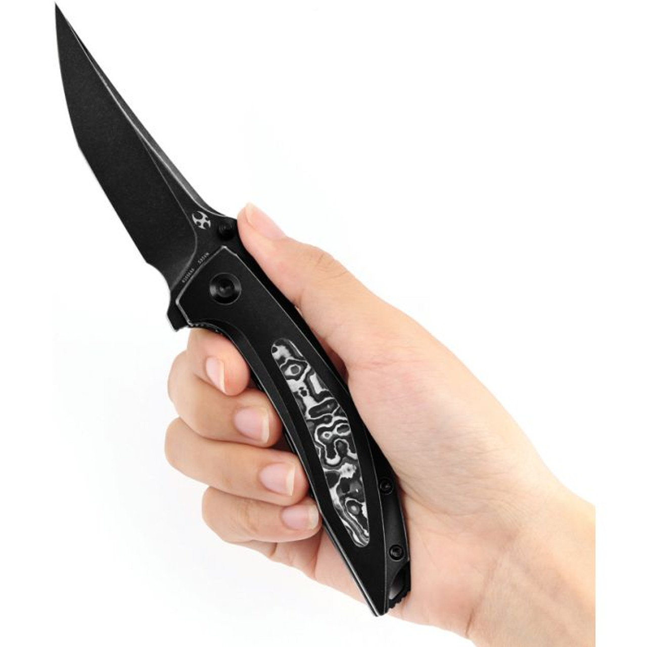 Kansept Knives Baku (K1056A6) 3.25" CPM-S35VN Black Stonewashed Clip Point Plain Blade, Black Stonewashed Titanium Handle with Black and White Carbon Fiber Inlay