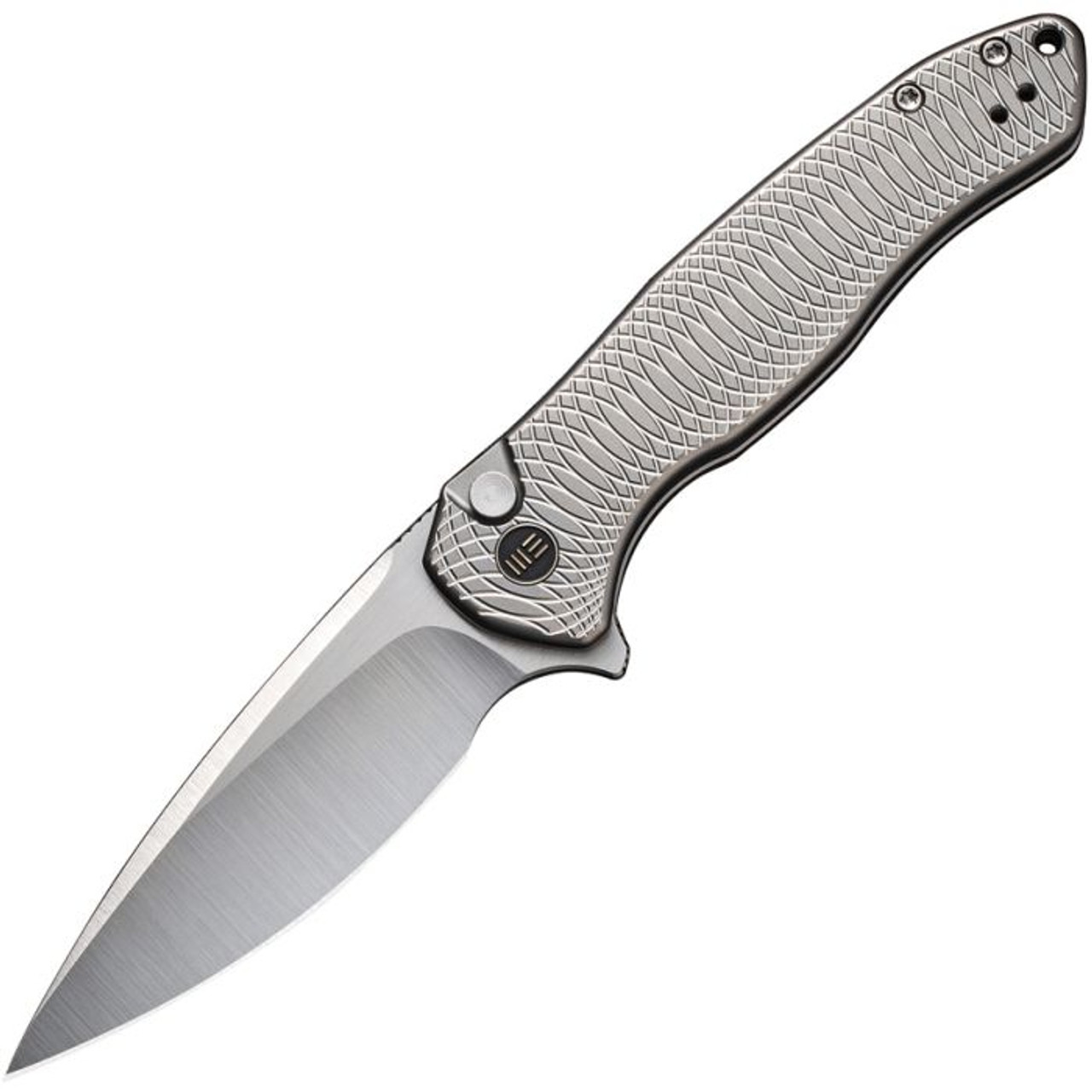 WE Knives Kitefin (WE19002M2) 3.25" CPM-20CV Satin Drop Point Plain Blade, Gray Titanium Handle with Satin Spirals