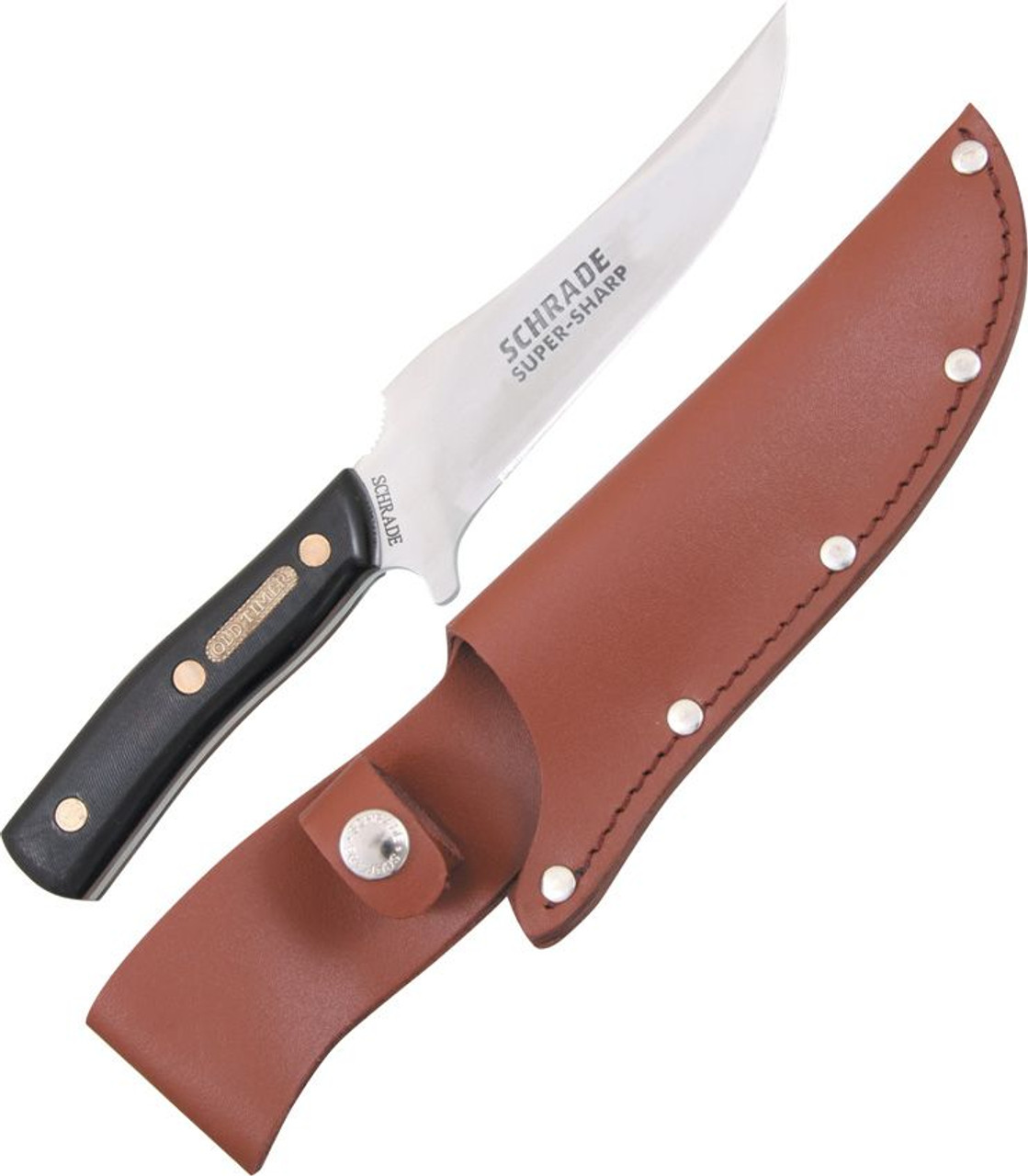 Schrade Old Timer Large Hunter (15OT) 5.88" Stainless Steel Upswept Plain Blade, Delrin Sawcut Handle, Leather Sheath