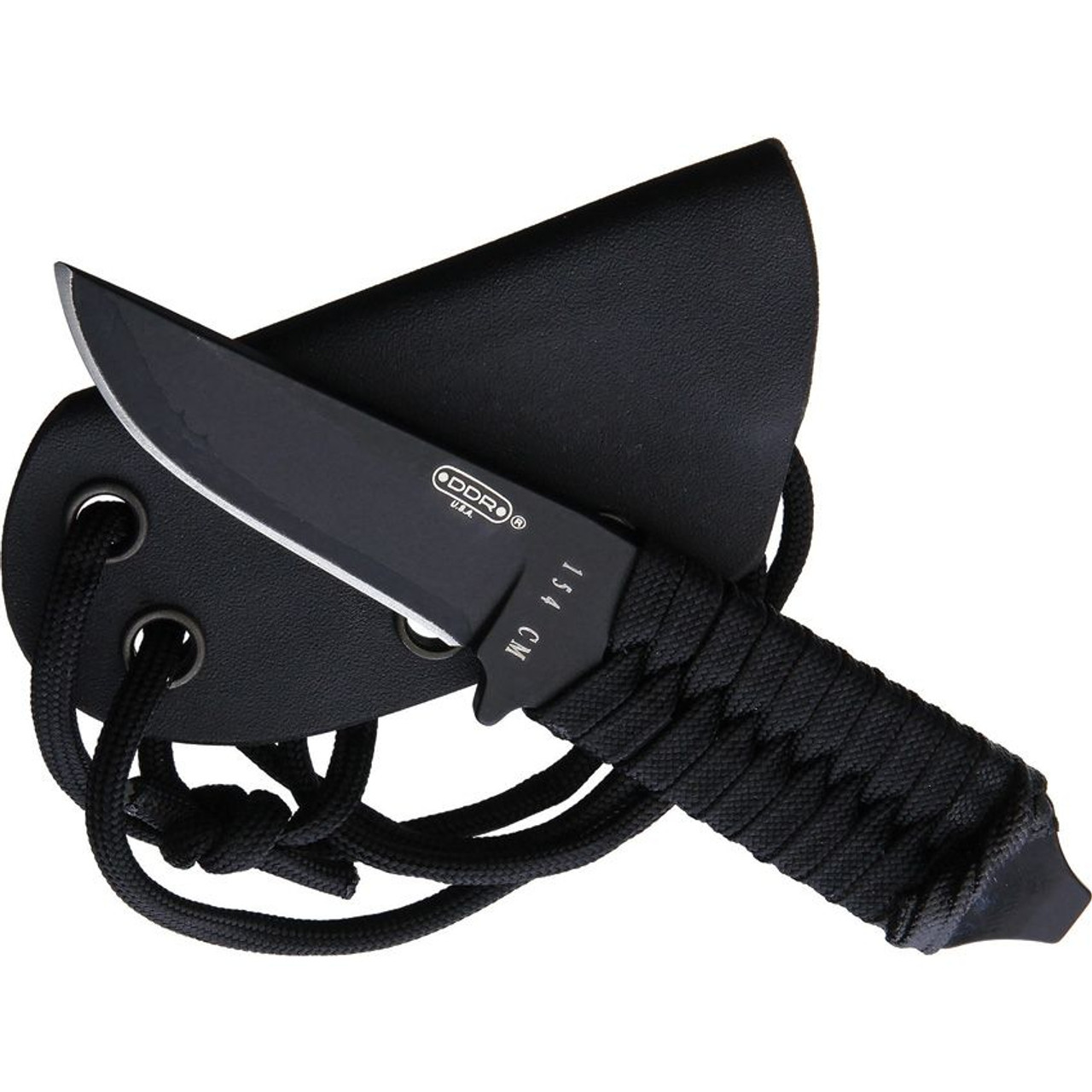 Darrel Ralph Knives Sermon (DR076) 2" 154CM Black Straight Back Plain Blade, Black Cord Wrapped Handle, Black Kydex Neck Sheath