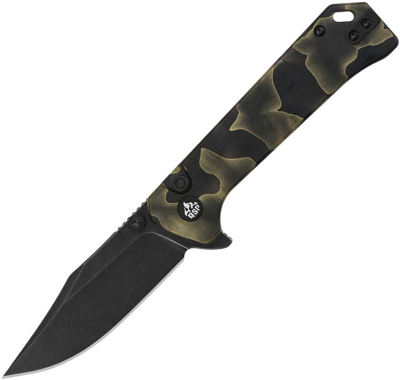 QSP Grebe Button Lock (QSP147F2) 3.25" S35VN Black Clip Point Plain Blade, Noble Raffir Camo Resin Handle