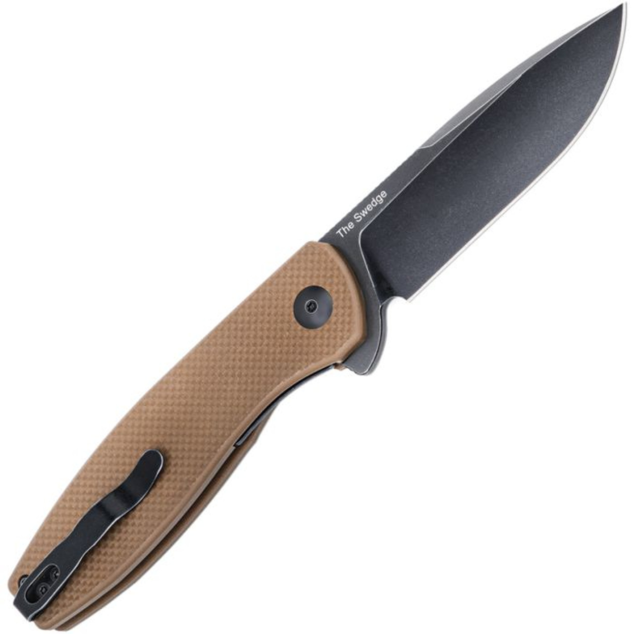 Kizer Cutlery The Swedge (KIL4001A1) 3" 9Cr18MoV Black Stonewashed Drop Point Plain Blade, Brown Textured G-10 Handle