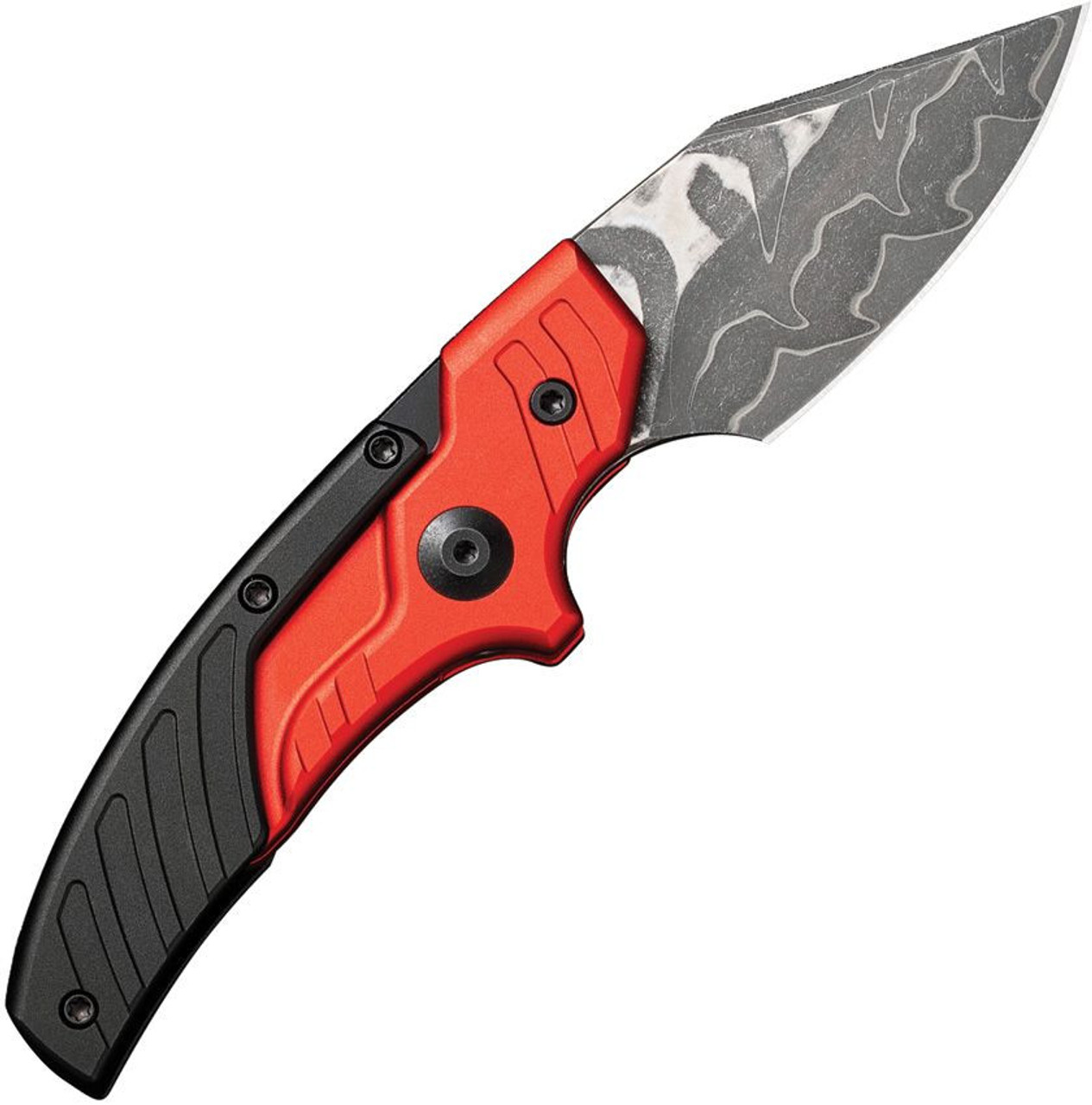 CIVIVI Typhoeus Adjustable Fixed Blade (C21036DS1) 2.27" Damascus Drop Point Plain Blade, Red and Black Aluminum Handle, Black Leather Sheath