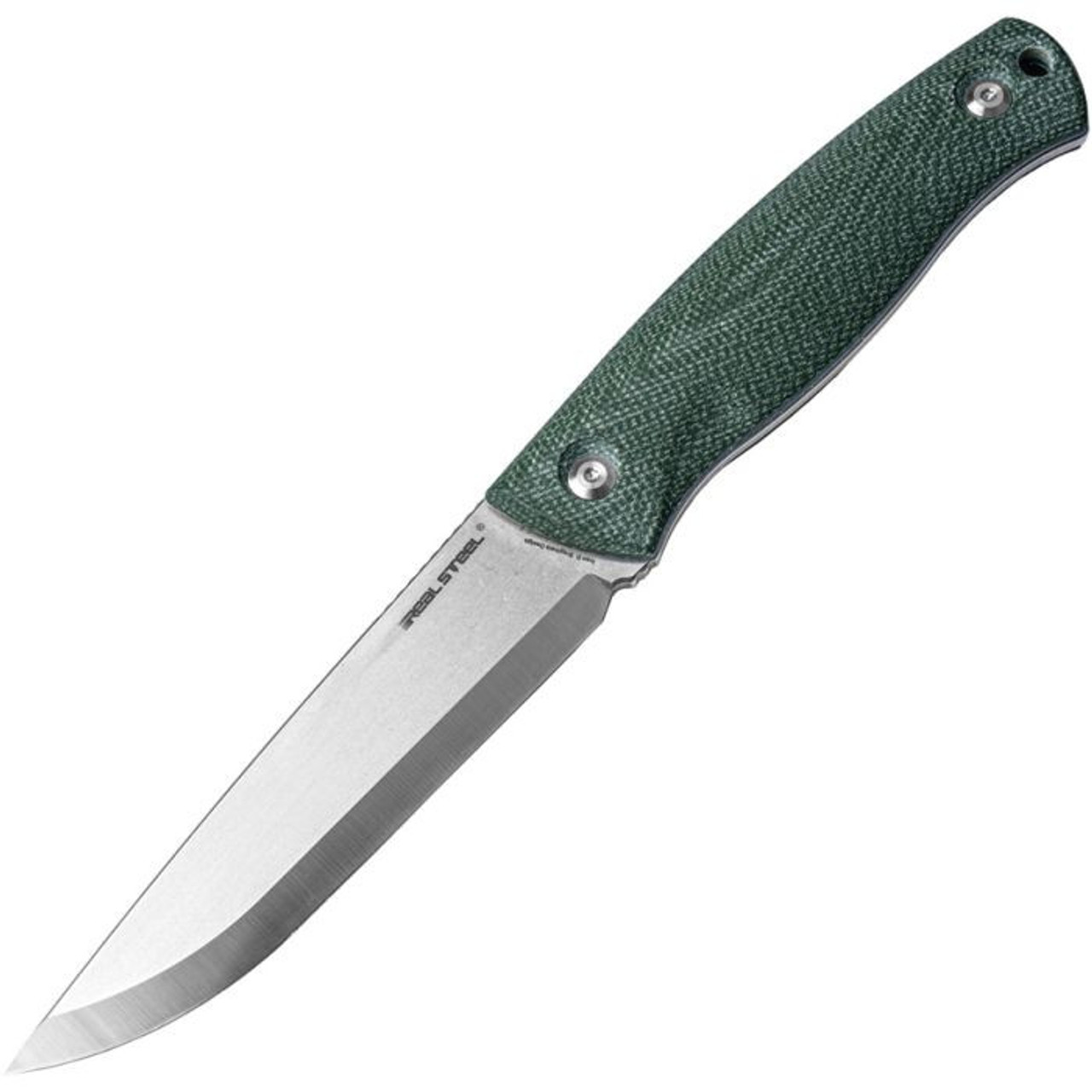 Real Steel Pathfinder (RS3851G) 4.5" 14C28N Satin Drop Point Plain Blade, Green Micarta Handle, Green Nylon Belt Sheath