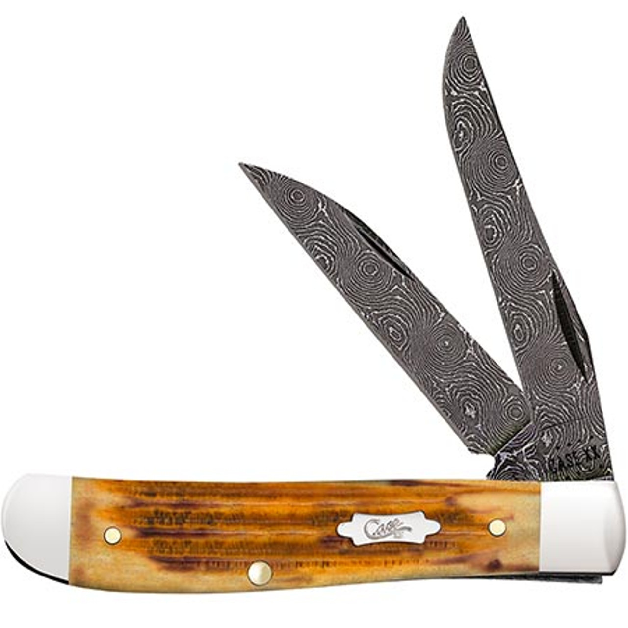 Case Mini Trapper 52422- 2.75in Damascus Clip and Wharncliffe Blades, Burnt Goldenrod Second Cut Jigged Bone Handle (6207W DAM)