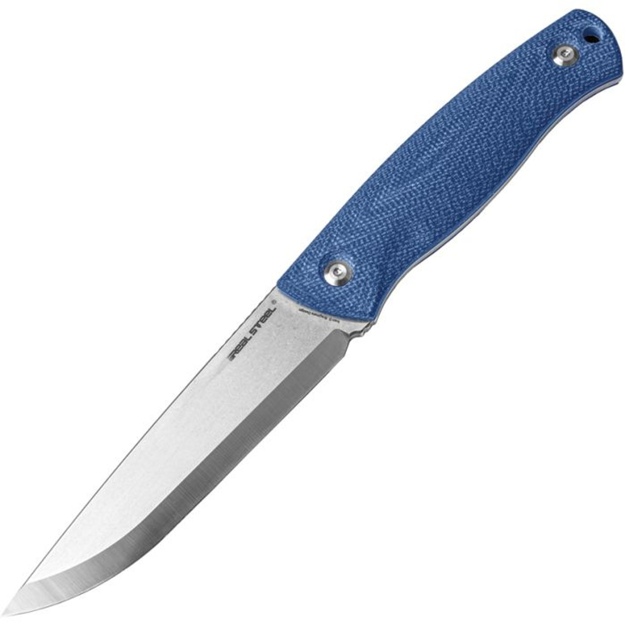 Real Steel Pathfinder (RS3851D) 4.5" 14C28N Satin Drop Point Plain Blade, Denim Micarta Handle, Green Nylon Belt Sheath