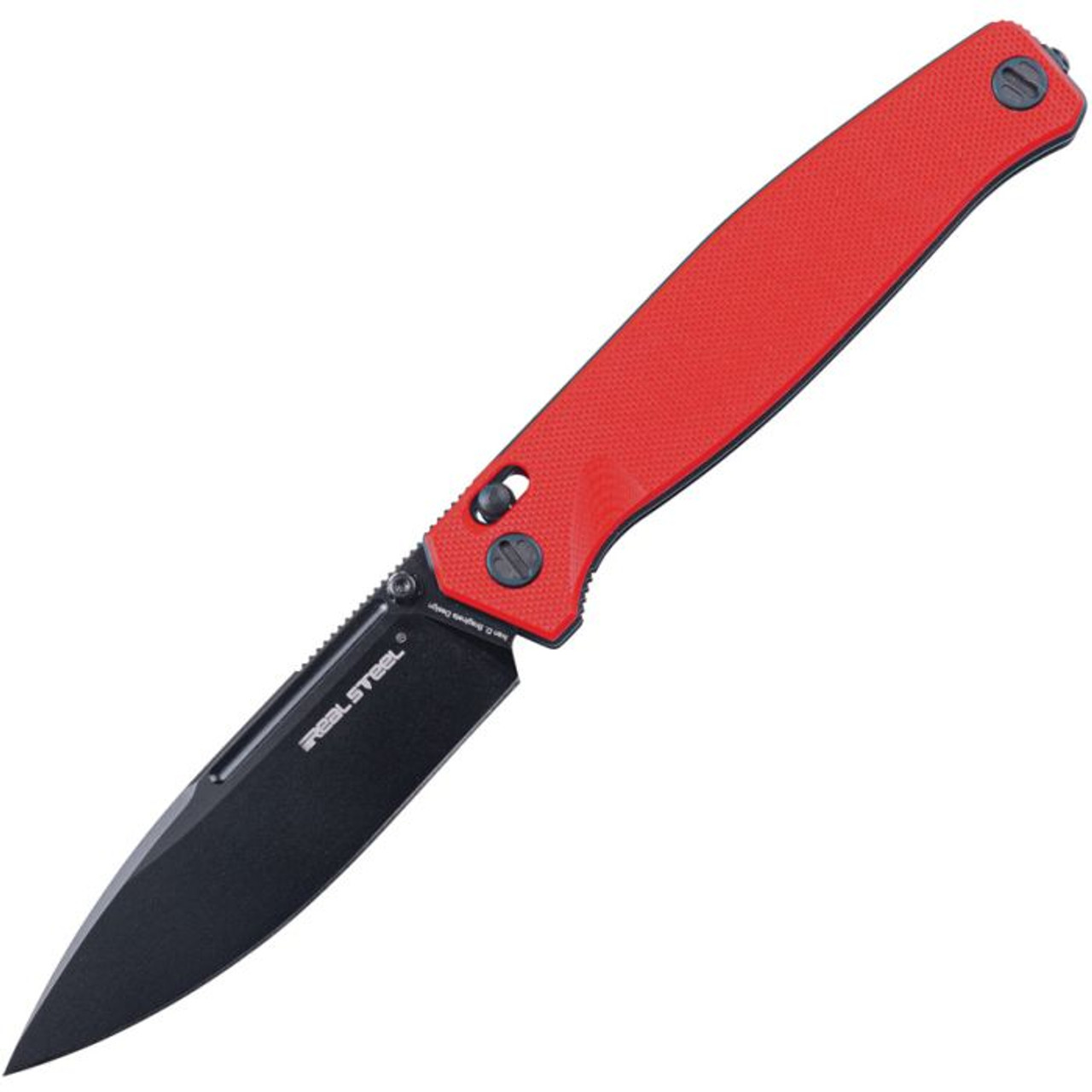 Real Steel Huginn (RS7652RB) 3.63" VG-10 Black Oxide Coated Drop Point Plain Blade, Red and Black G-10 Handle
