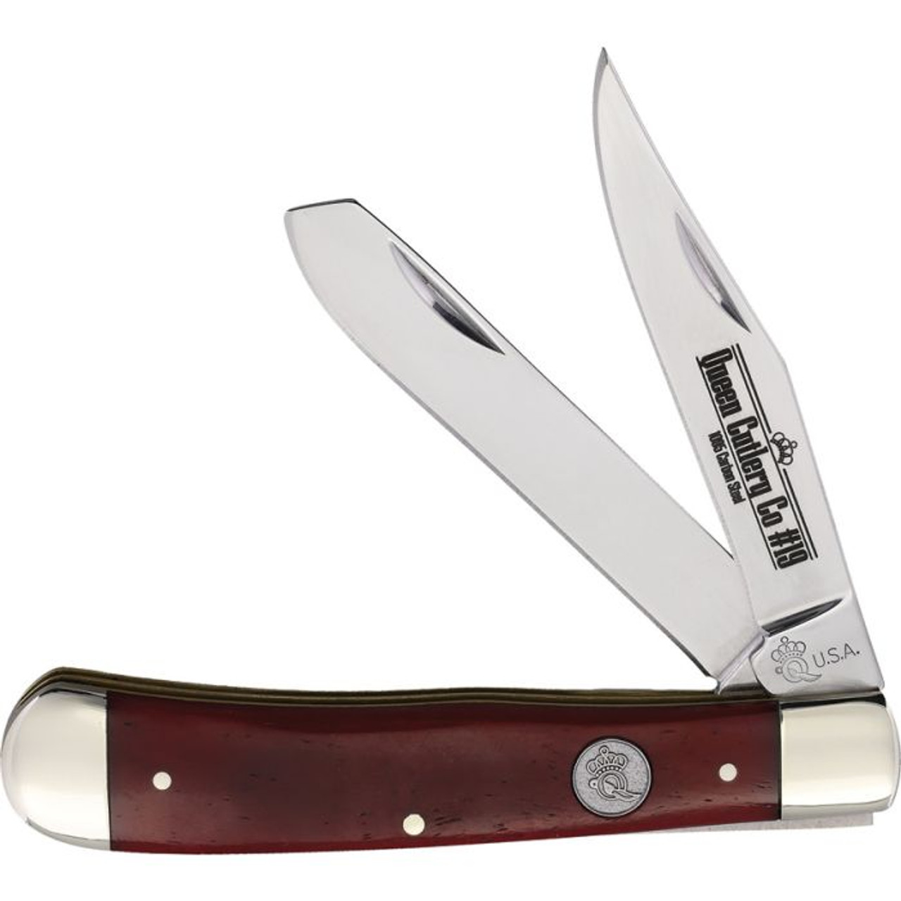 Queen Cutlery Trapper (QRSB54) 2.87" 2 Blade Clip Point/Spey Mirror Finished Plain Blades, Red Smooth Bone Handle