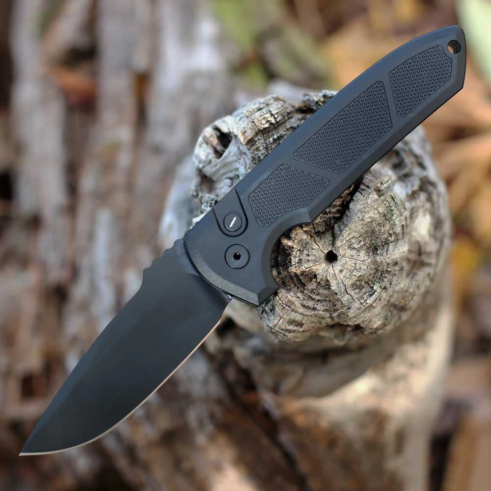 Pro-Tech Les George Rockeye Automatic Knife (LG307 Operator) - 3.4" CPM-S35VN Black Drop Point Plain Blade, Black Texture Aluminum Handle w/Tritium Push Button
