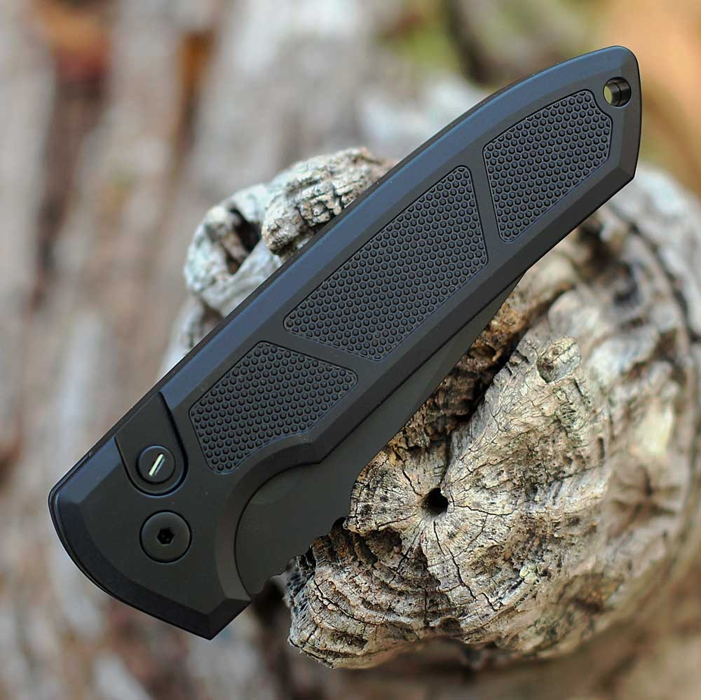Pro-Tech Les George Rockeye Automatic Knife (LG307 Operator) - 3.4" CPM-S35VN Black Drop Point Plain Blade, Black Texture Aluminum Handle w/Tritium Push Button