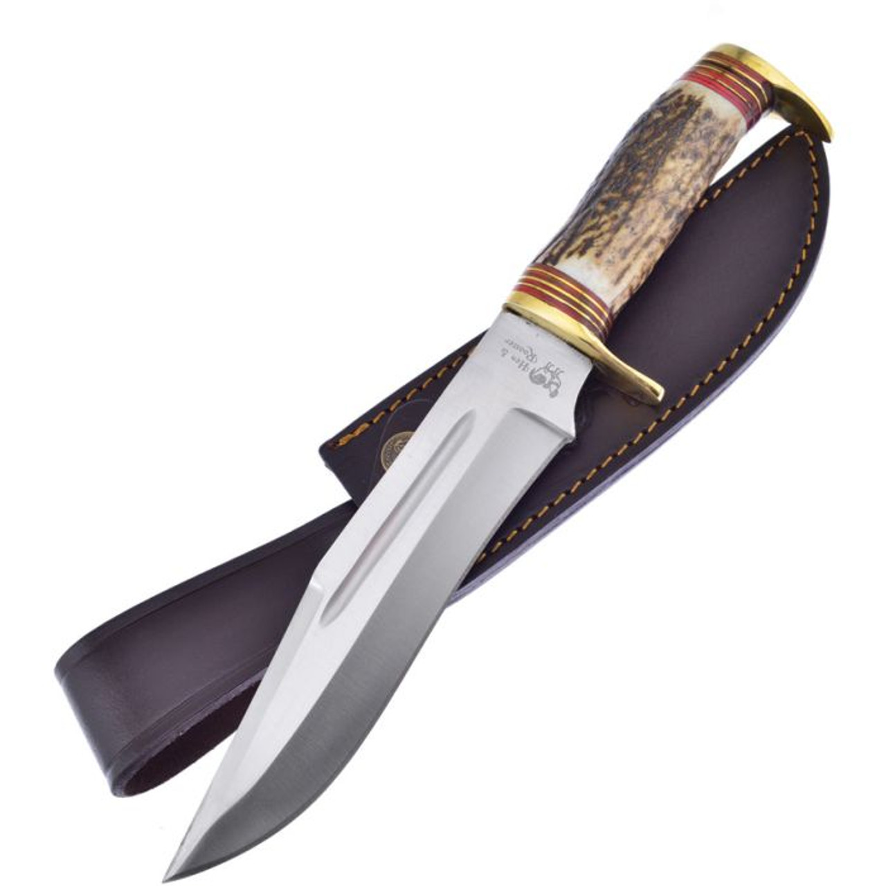 Hen & Rooster Fixed Blade (HR185) 7.25" 440 SS Satin Clip Point Plain Blade, Deer Stag Handle with Brass Guard and Pummel, Brown Leather Belt Sheath