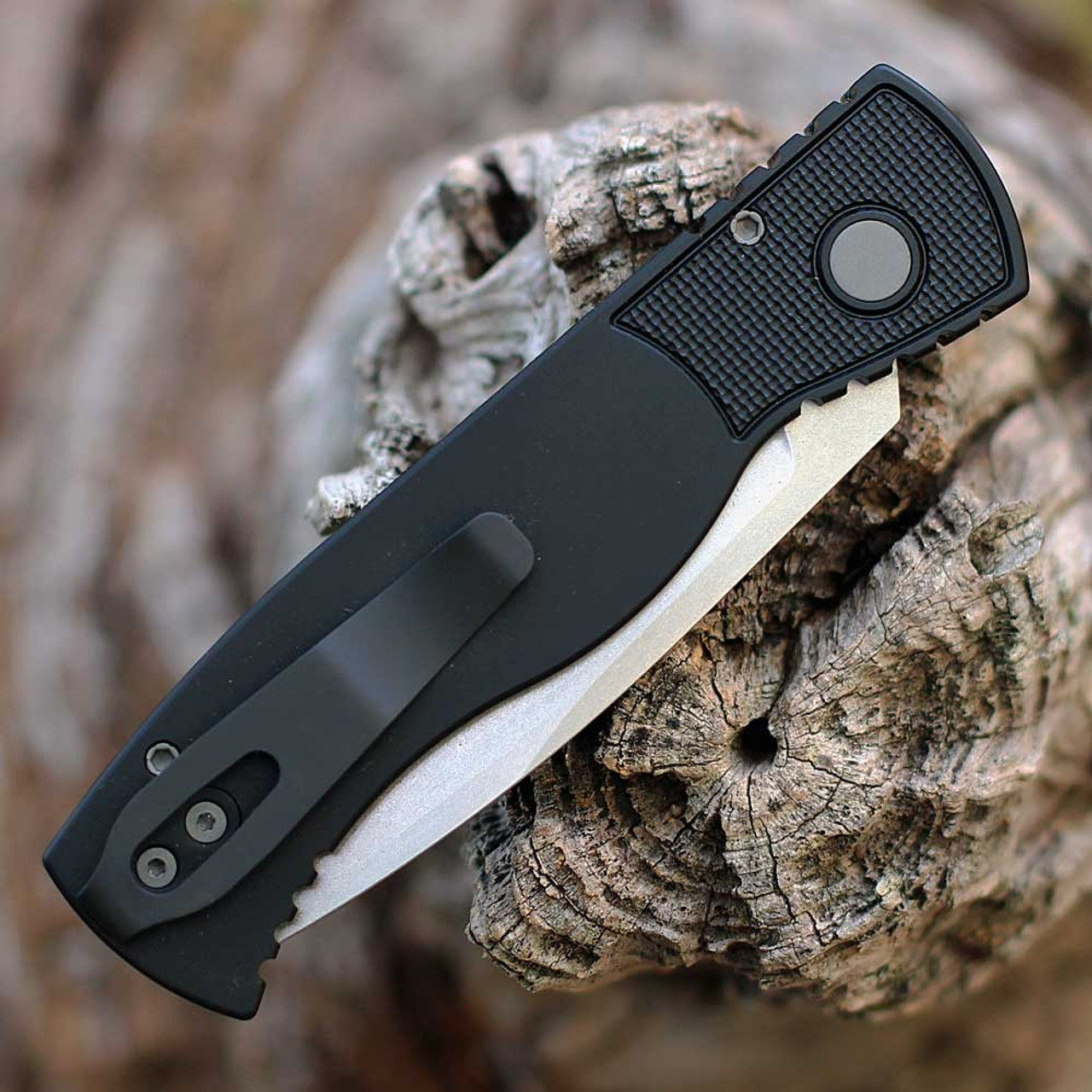 Pro-Tech TR-2 Automatic Tactical Response 2 (T201) 3.0" Stonewash CPM-MagnaCut Clip Point Plain Blade, Black Texture Aluminum Handle