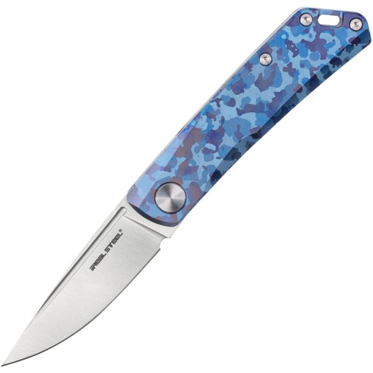 Real Steel Luna TC (RS7001TC04B) 2.75" Bohler N690 Satin Drop Point Plain Blade, Blue Camo Titanium Handle