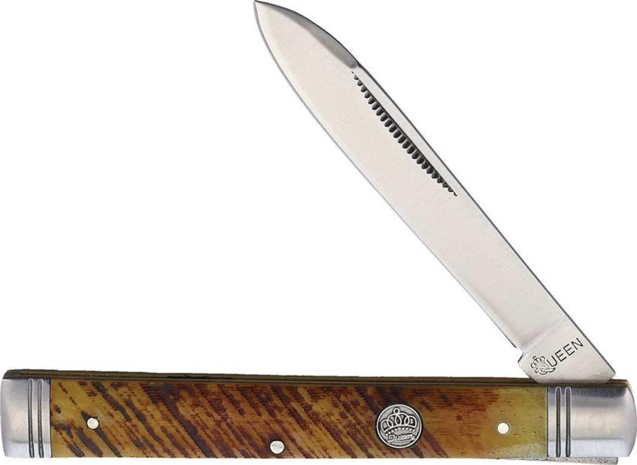 Queen Cutlery Doctor's Knife QN016 - 3.0" Satin Stainless Steel Spear Point Blade Plain Edge, Sawcut Brown Bone Handle