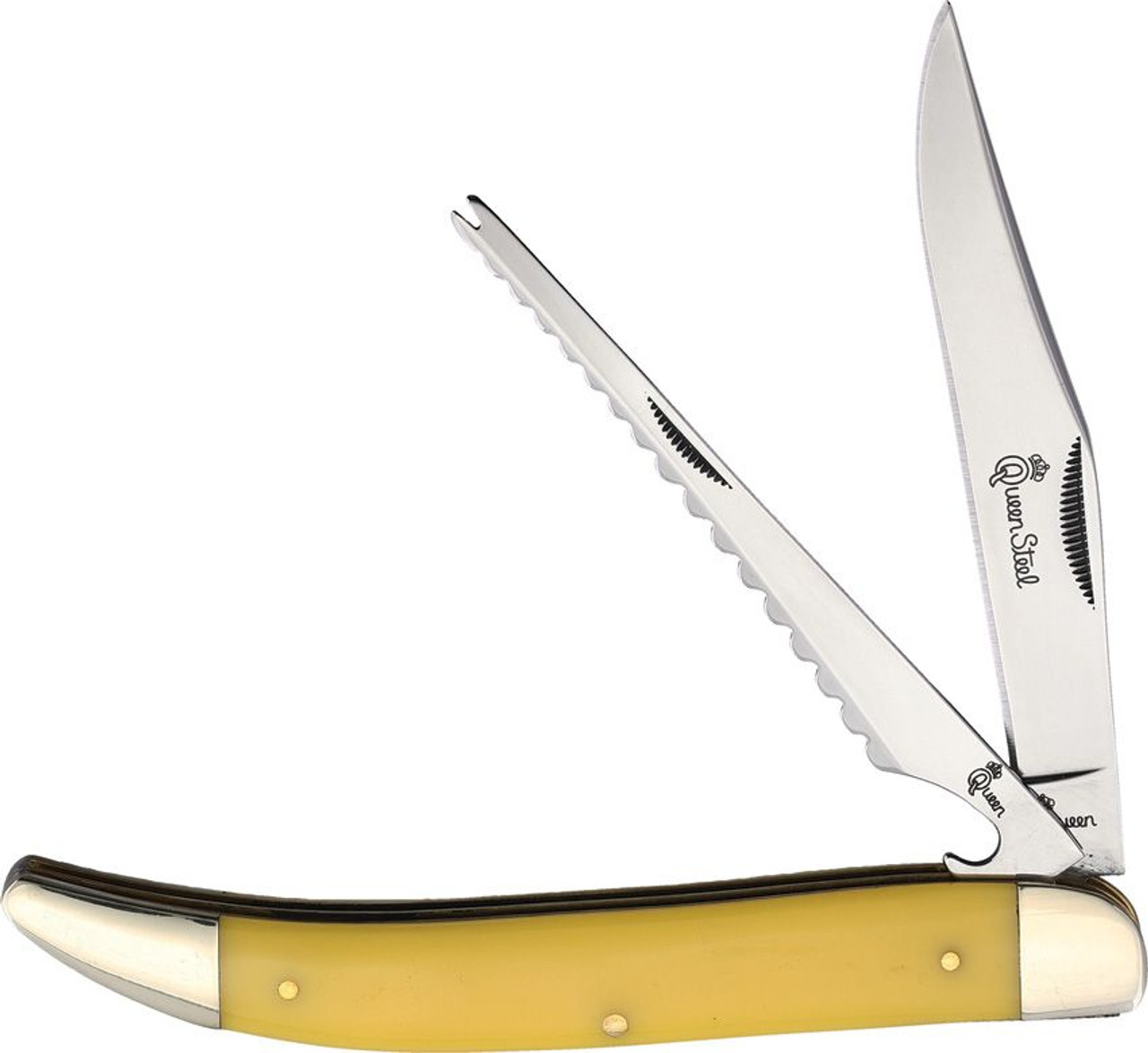 Queen Cutlery Fish Knife (QN46Y) - 440C Stainless Steel Clip and Saw Blades, Yellow Synthetic Handle