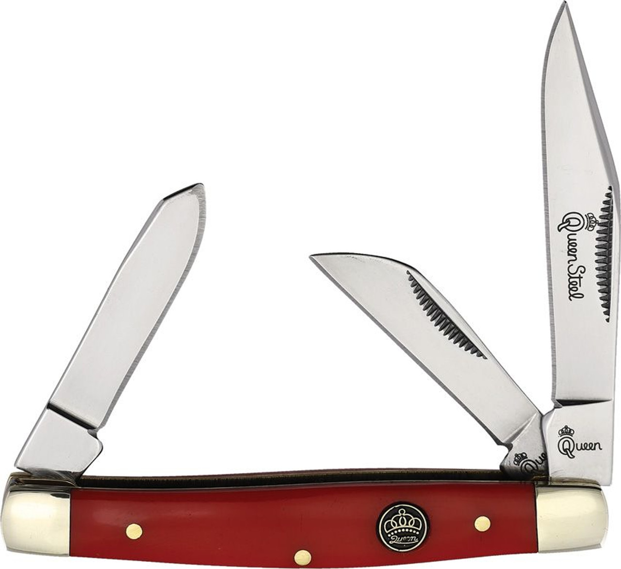 Queen Cutlery Medium Stockman (QN26R) - 440C Stainless Steel Clip, Sheepsfoot and Spey Blades, Red Smooth Bone Handle