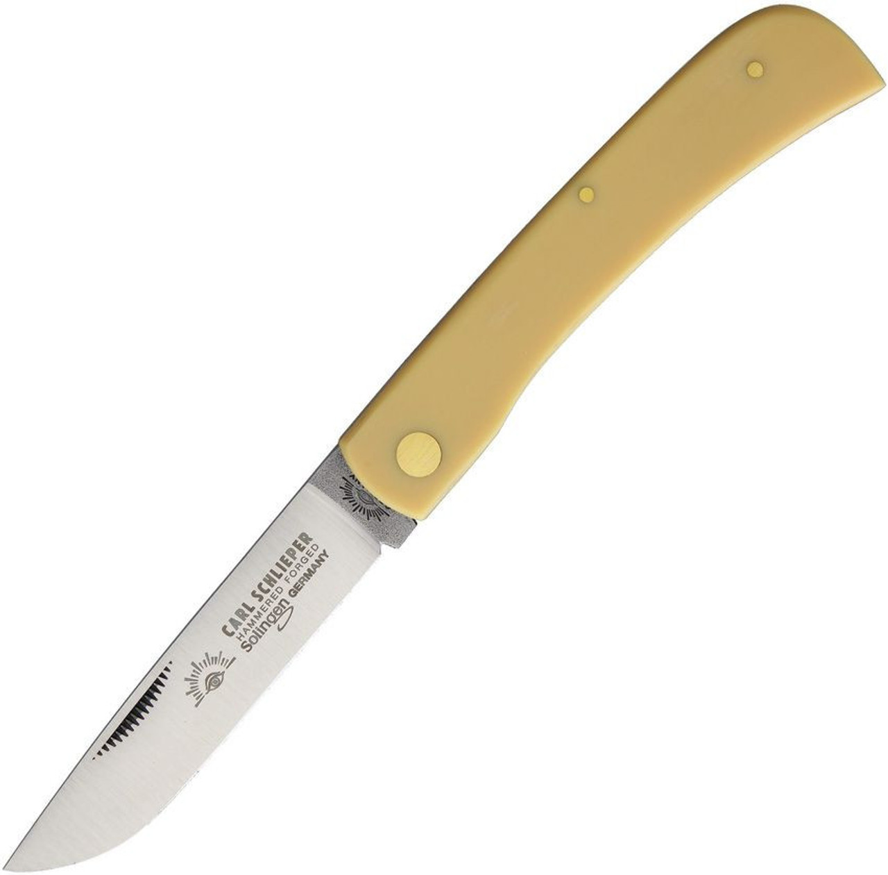 Eye Brand Carl Schlieper Clodbuster Work Knife (GE99Y)) - 3.8" Solingen Carbon Steel Satin Finish Drop Point Blade, Yellow Synthetic Handle, 4.7" Closed