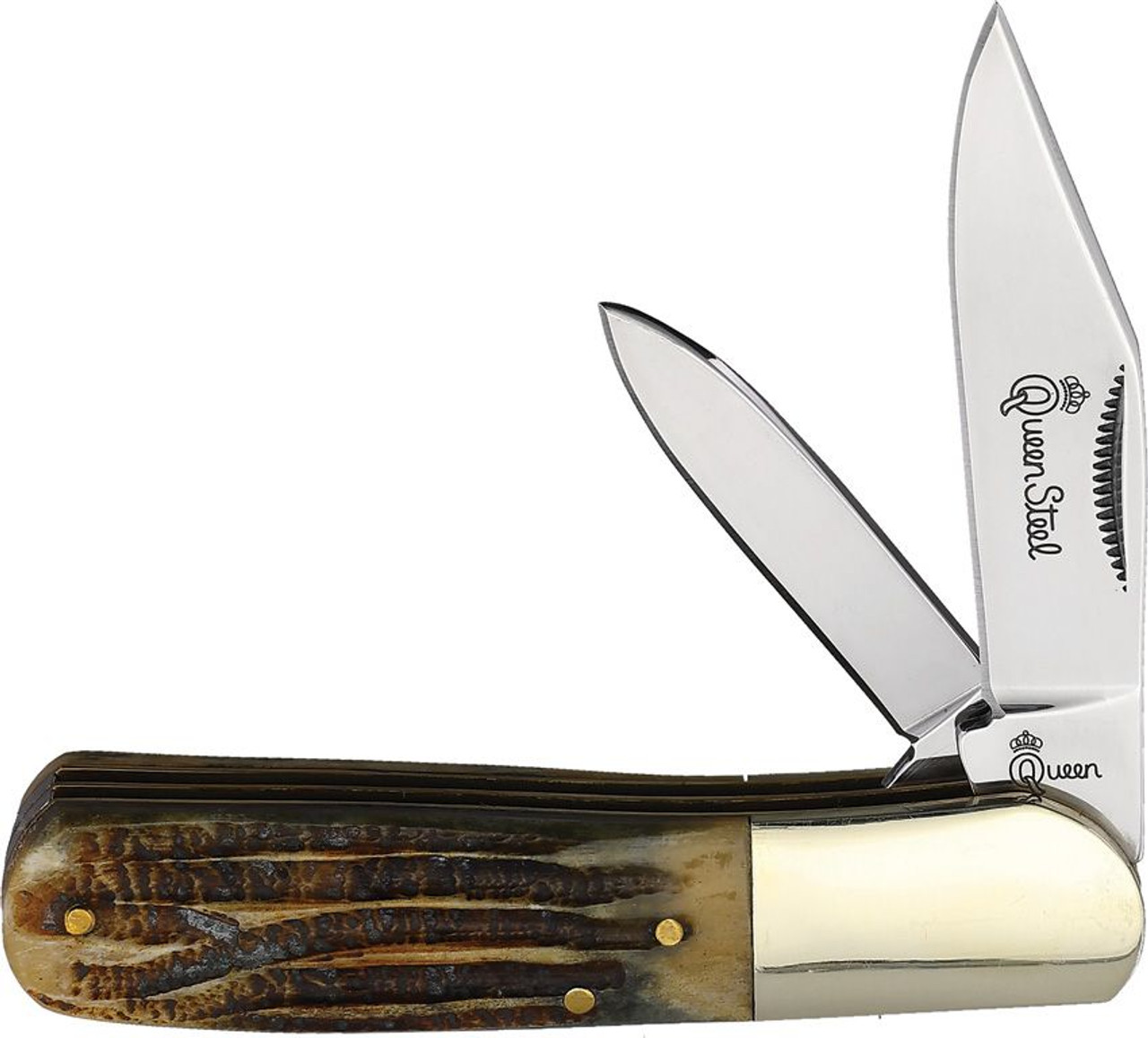 Queen Cutlery Barlow (QN22WB) - Mirror Finish 440C Stainless Steel Clip and Pen Blades, Winterbottom Jigged Bone Handle