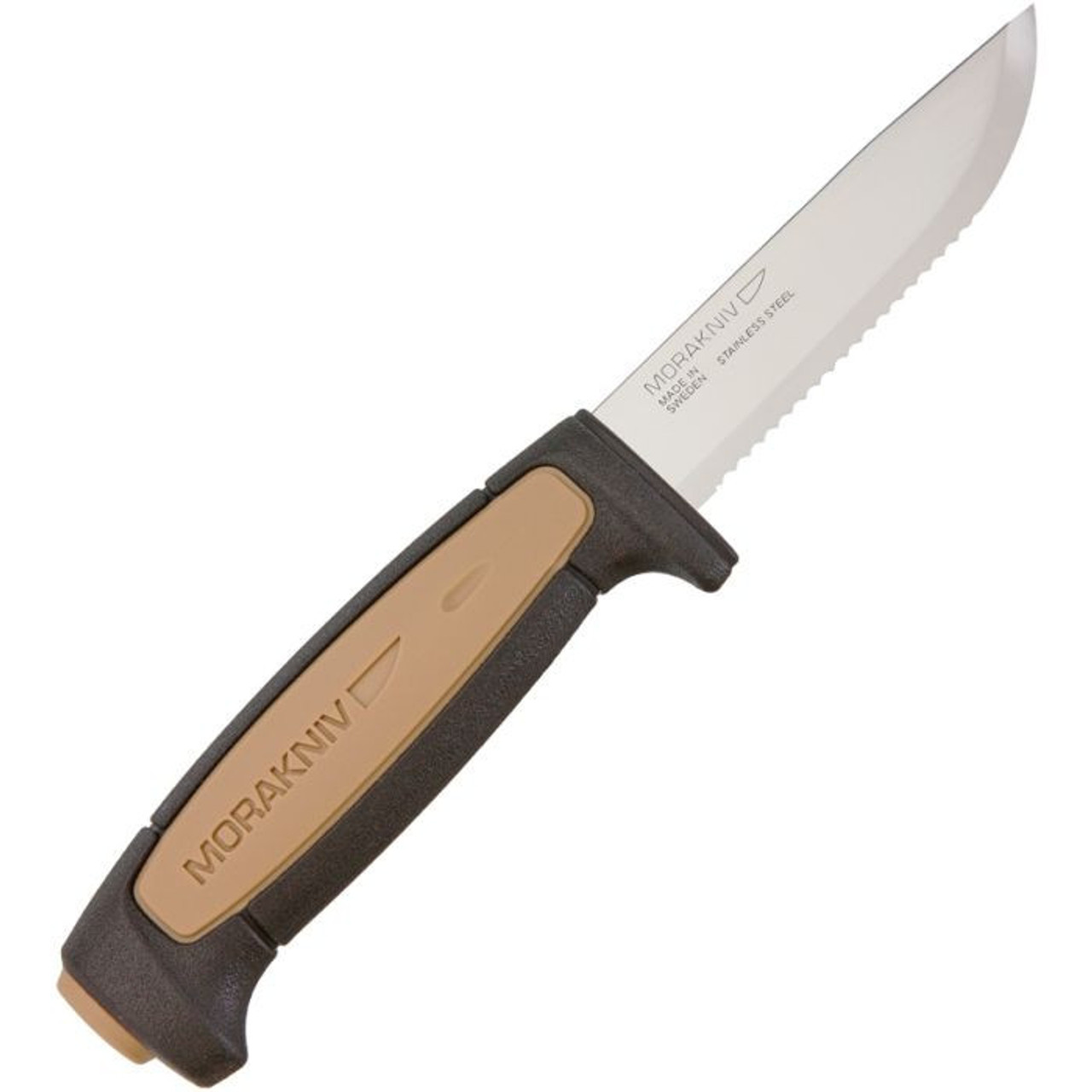 MoraKniv Rope (FT01512) 3.62" Stainless Steel Satin Clip Point Serrated Blade, Black and Tan Rubber Handle, Black Polypropylene Sheath