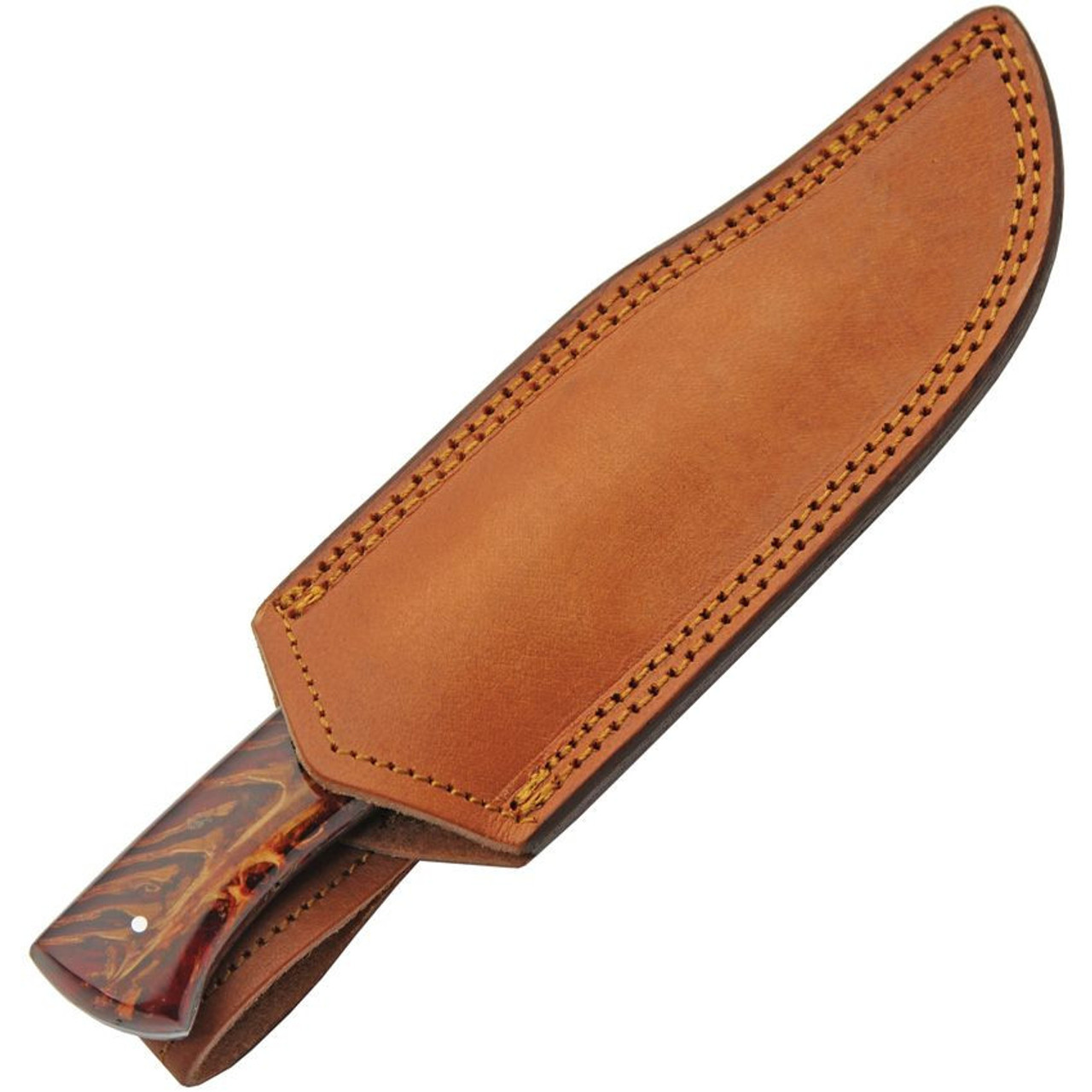 Damascus Blade Firepeak Hunter- 4.25" Damascus Clip Point Plain Blade, Red and Brown Acrylic Handle, Brown Leather Belt Sheath