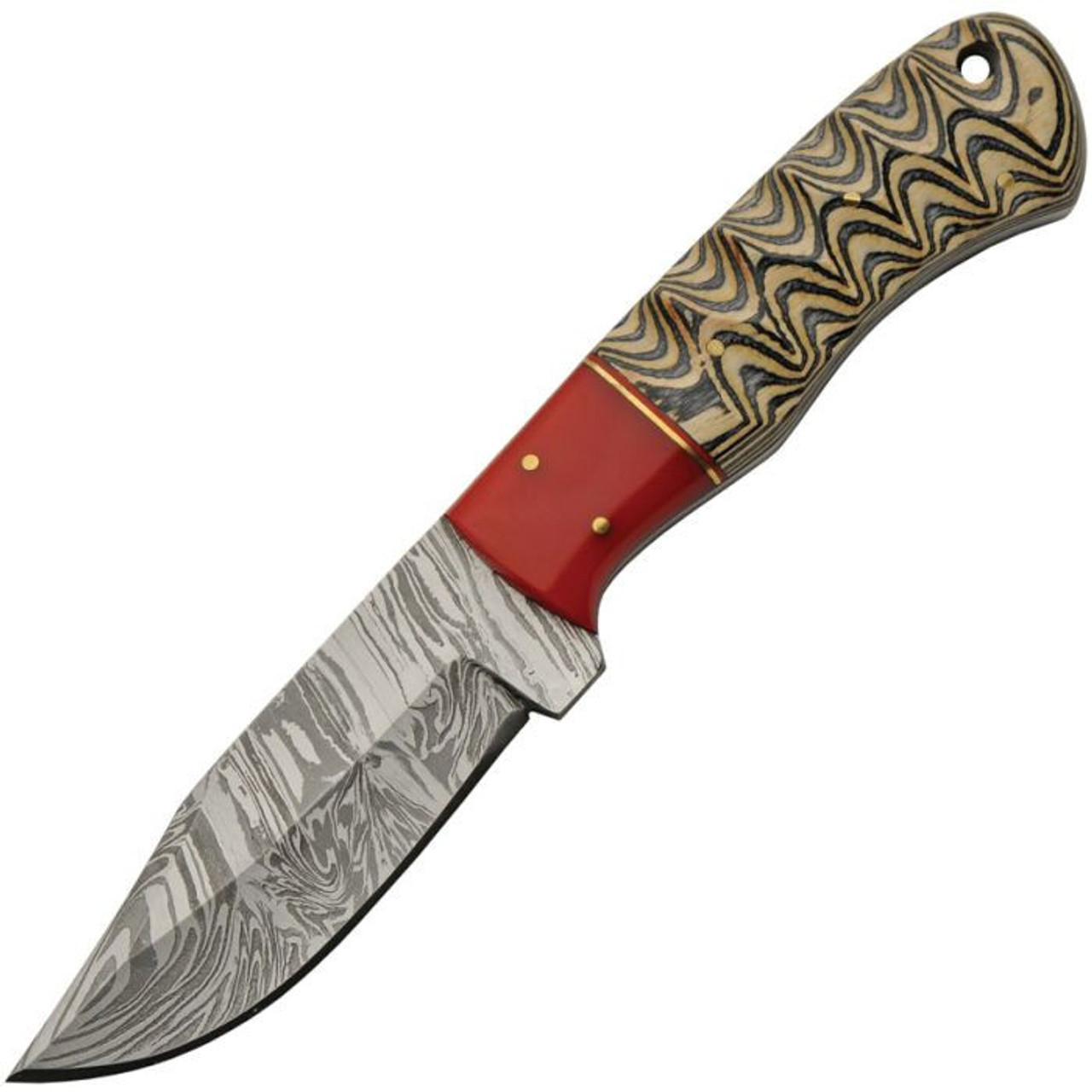Damascus Knives Red Haze Kiri Hunter (DM1382) 4" Damascus Clip Point Plain Blade, Brown Sculpted Pakkawood Handle with a Red Resin Spacer, Brown Leather Belt Sheath