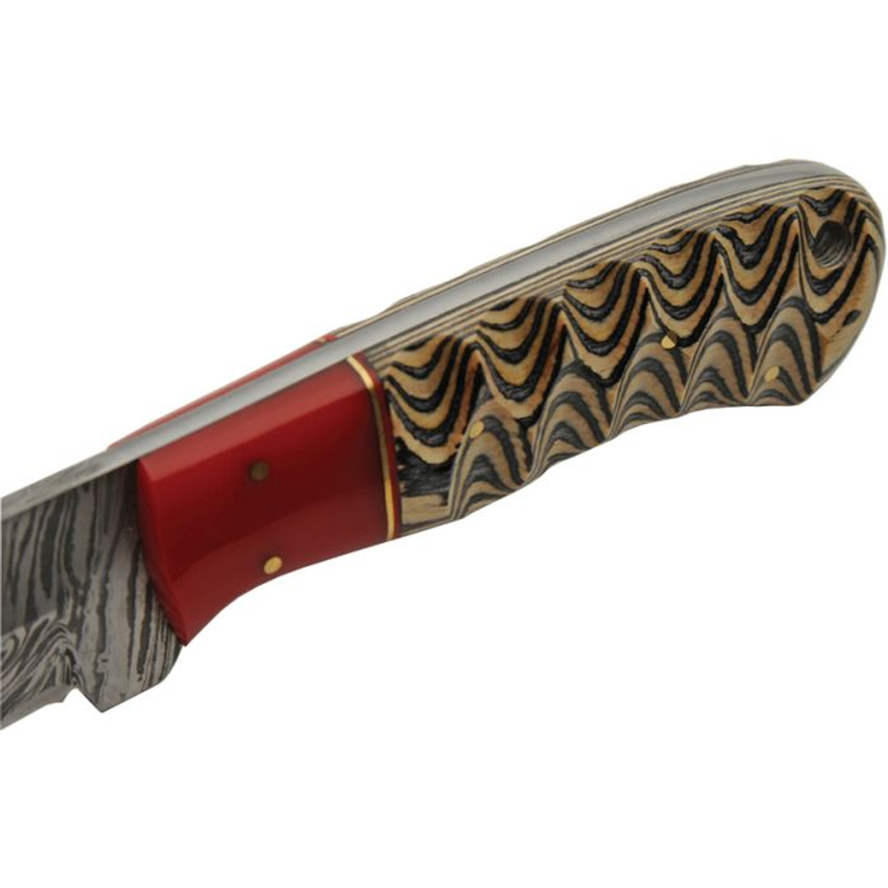 Damascus Knives Red Haze Kiri Hunter (DM1382) 4" Damascus Clip Point Plain Blade, Brown Sculpted Pakkawood Handle with a Red Resin Spacer, Brown Leather Belt Sheath
