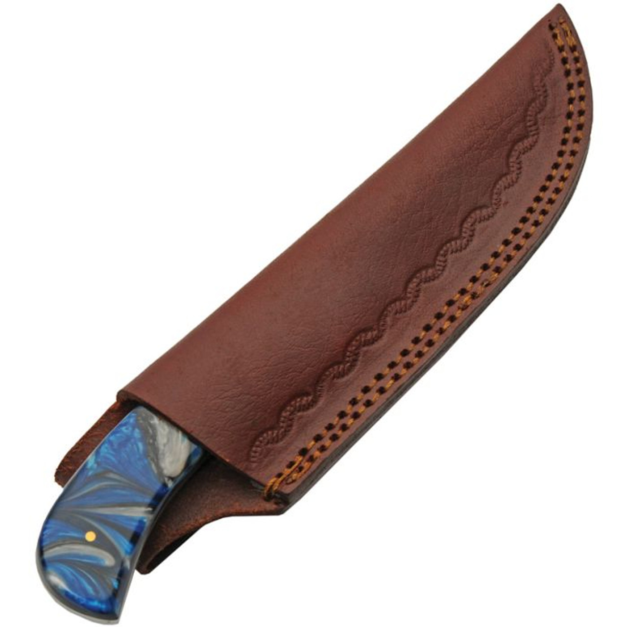 Damascus Knives Sky Blue Hunter (DM1380) 4" Damascus Drop Point Plain Blade, Blue and Black Resin Handle with Stainless Bolsters, Brown Leather Belt Sheath