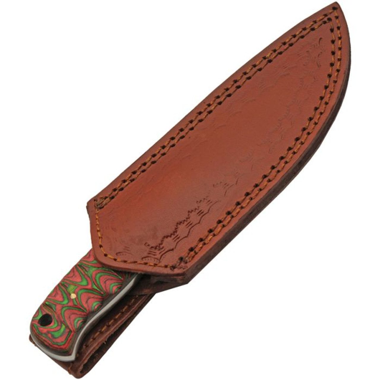 Damascus Knives Hunter (DM1376RD) 4" Damascus Drop Point Plain Blade, Red and Green Sculpted Wood Handle, Brown Leather Belt Sheath