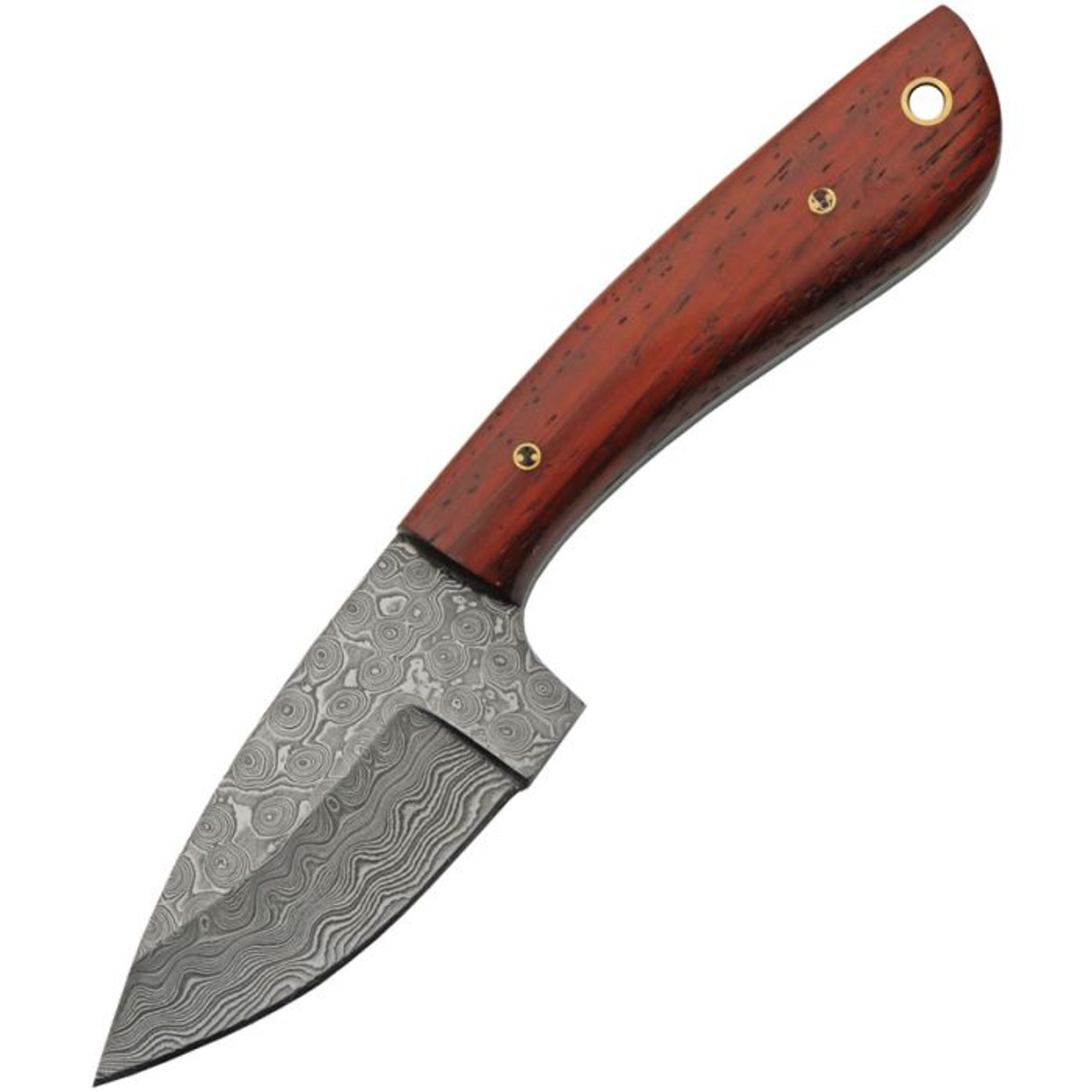 Damascus Knives Skinner (DM1375) 3" Damascus Clip Point Plain Blade, Mahogany Wood Handle, Brown Leather Belt Sheath