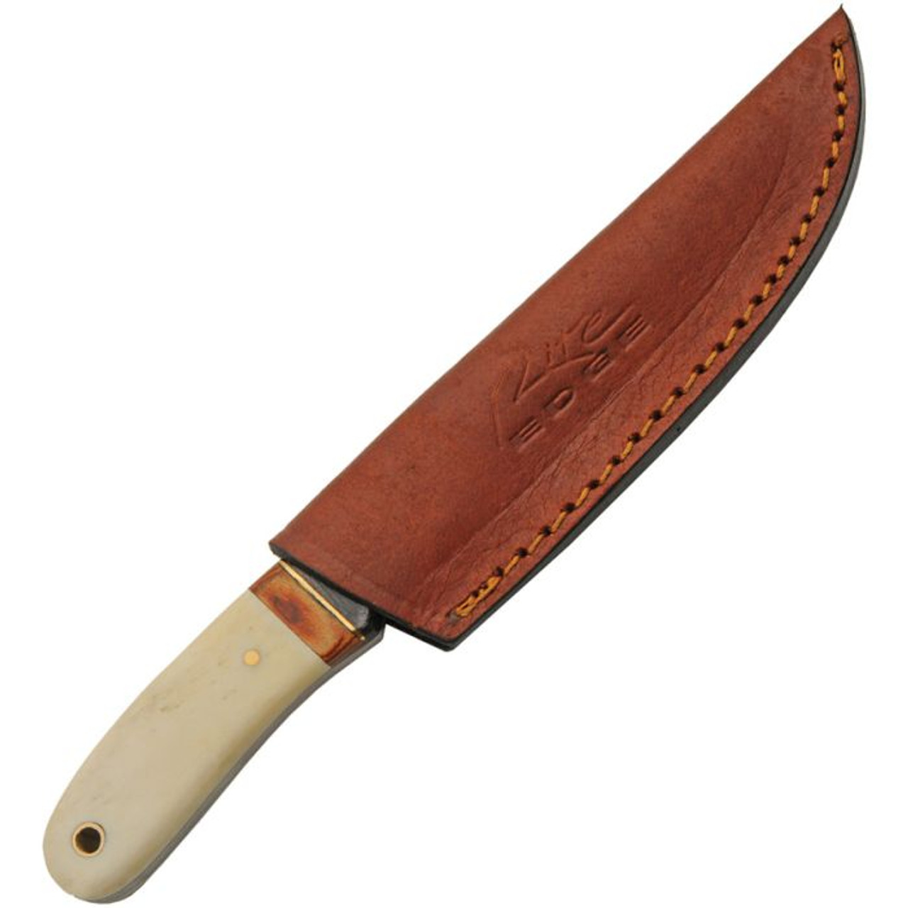 Damascus Knives Autumn Hunter (DM1340) 3" Damascus Drop Point Plain Blade, Smooth Bone Handle with Brass Bolsters and Dark and Light Brown Wood Handle Spacers, Brown Leather Belt Sheath
