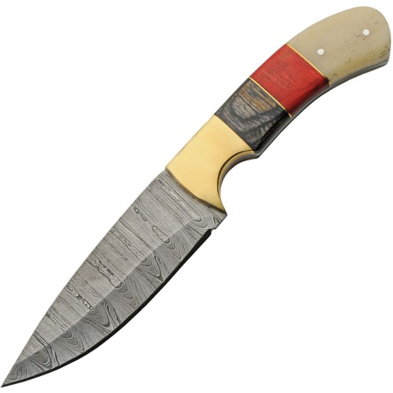Damascus Knives Hunter (DM1338) 4.5" Damascus Drop Point Plain Blade, Black and Red Wood with White Smooth Bone Handle, Brown Leather Belt Sheath