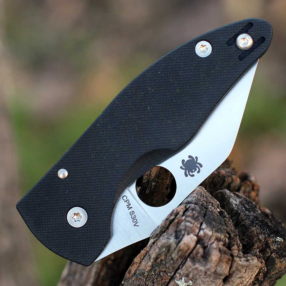 Spyderco MicroJimbo C264GP black G-10 handle open view showing CPM S30V satin Wharncliffe blade and compression lock