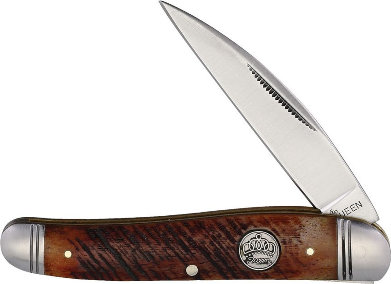 Queen Cutlery Wharncliffe Folder (QN010) - 2.75" Satin Stainless Steel Wharncliffe Blade, Brown Sawcut Bone Handle