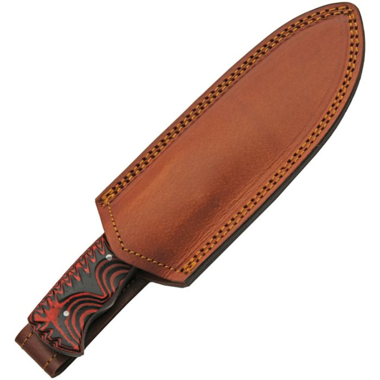 Damascus Knives Magma Hunter (DM1330) 4.5" Damascus Drop Point Plain Blade, Black and Red Grooved Micarta Handle, Brown Leather Belt Sheath