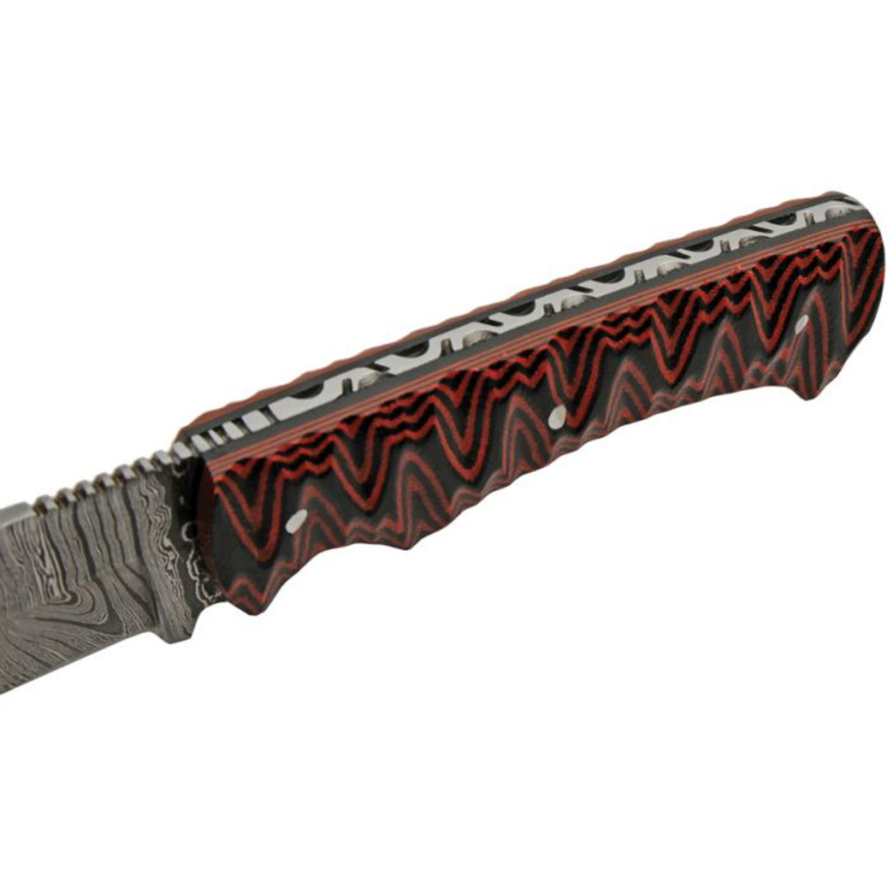 Damascus Knives Magma Hunter (DM1326) 4.75" Damascus Clip Point Plain Blade, Black and Red Sculpted Micarta Handle, Brown Leather Belt Sheath